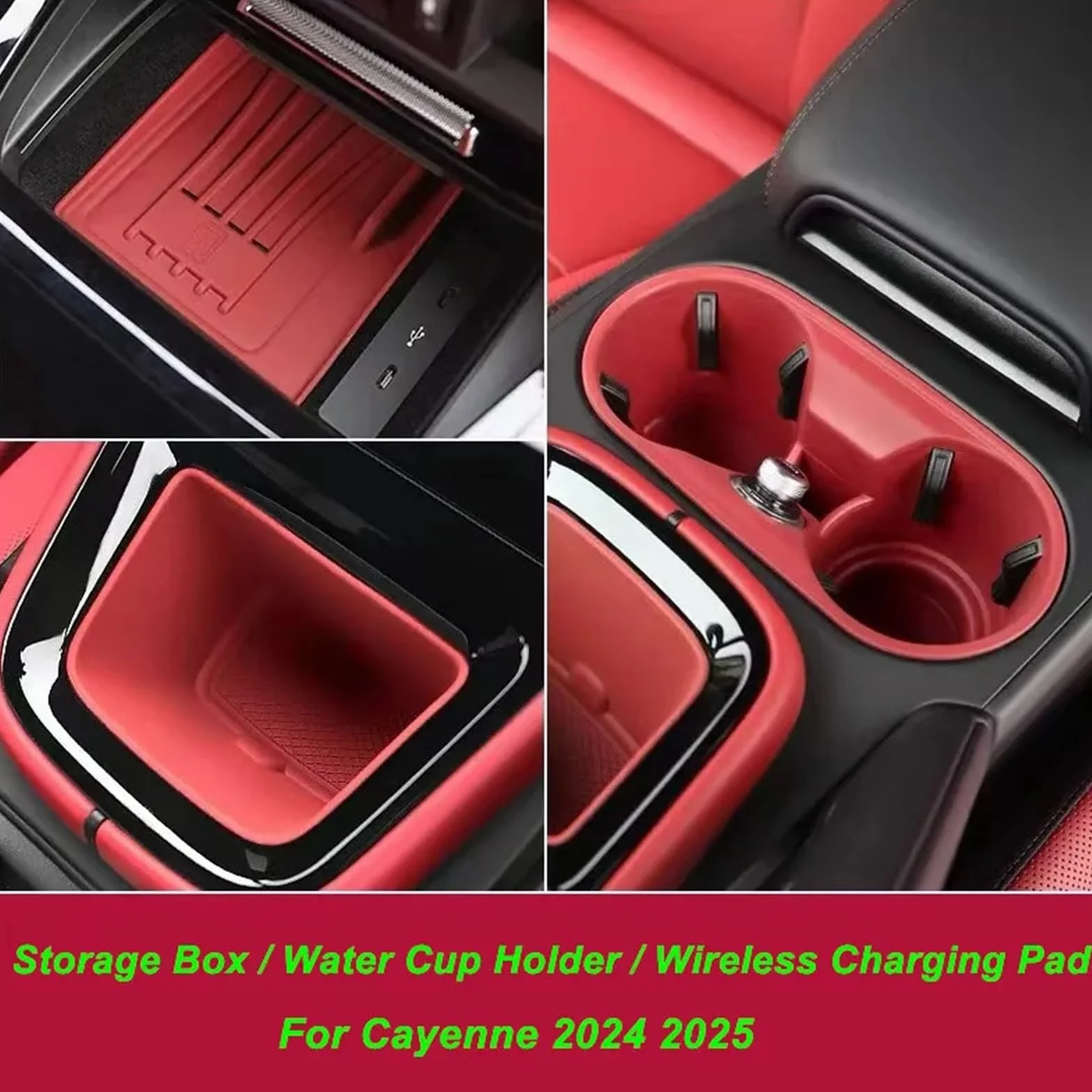 Konsola Środkowa Osłona ochronna na kubek z silikonową osłoną na konsolę środkową samochodu, pasująca do Porsche, Cayenne 2024 i 2025(Black Charging Pad)