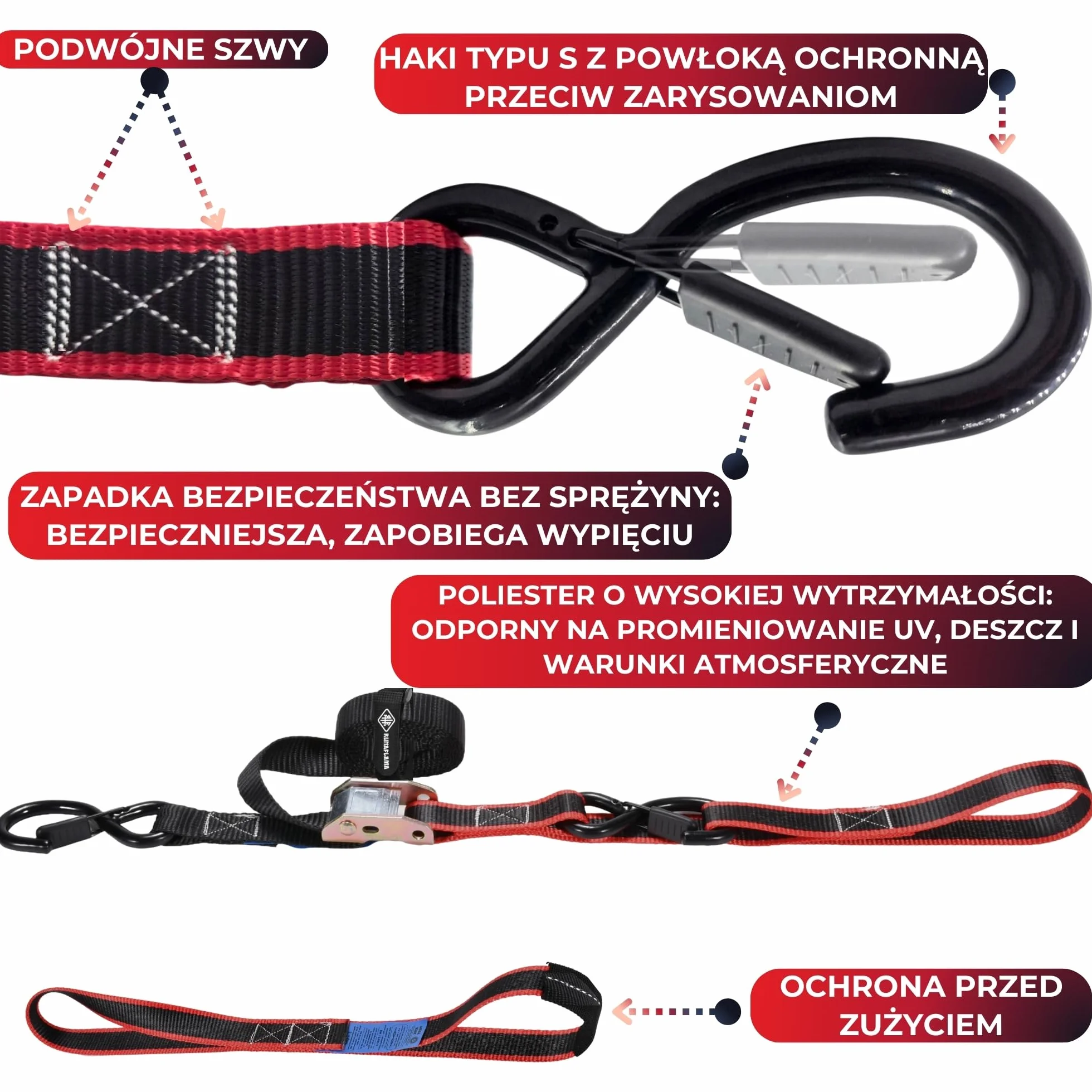 Pasy Transportowe do Motocykla 550 kg, Mocujące z Klamrą i Hakami S, 2 Pasy 1,9 m + 2 Pętle Soft Loop