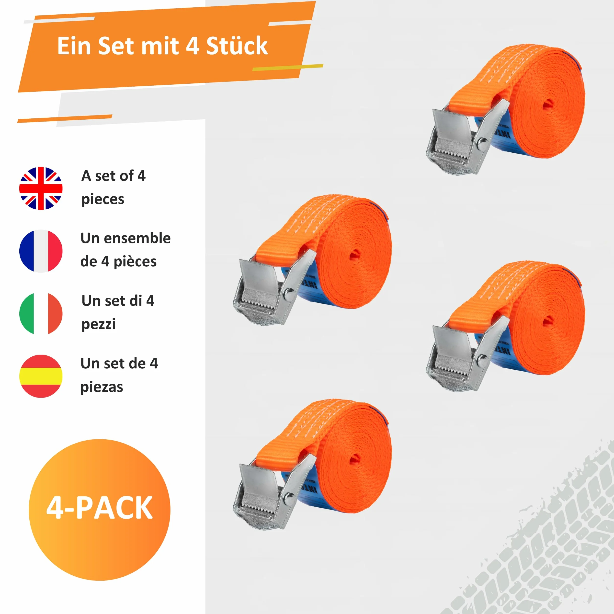 INTAKO Pas Zaciskowy do Bagażu 4m x 250kg x 25mm - Zestaw 4 sztuk - Pas Mocujący Transportowy do Bagażnika Rowerowego, Motocyklu, Boxu Dachowego, Desek SUP - Zgodny z Normą DIN EN 12195-2