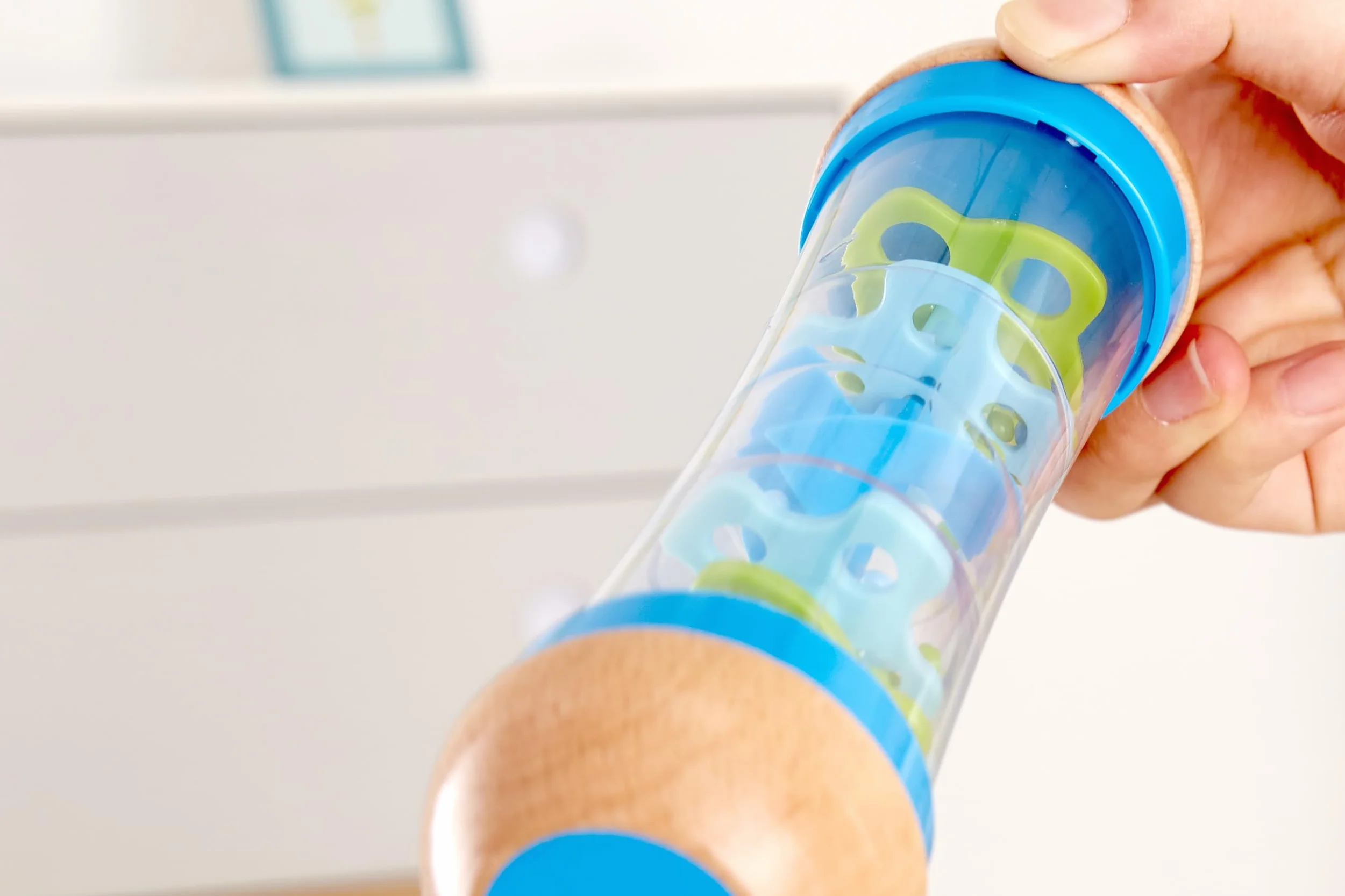 Hape Rainmaker , Mini Rattle Wooden Rainmaker Toy, Blue