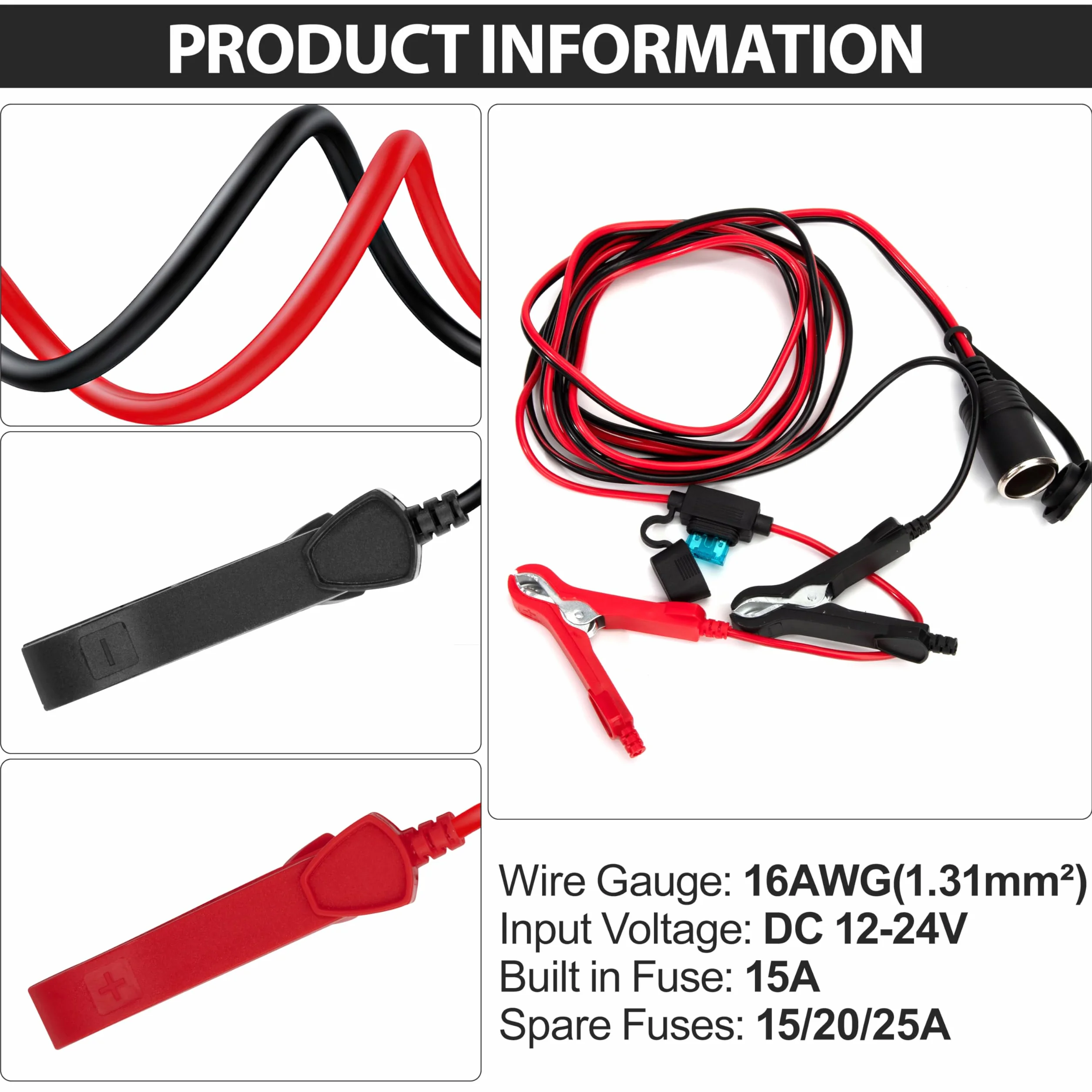 Gniazdo zapalniczki 12V/24V kabel przedłużający 3m 16AWG wodoodporny z bezpiecznikiem 15A