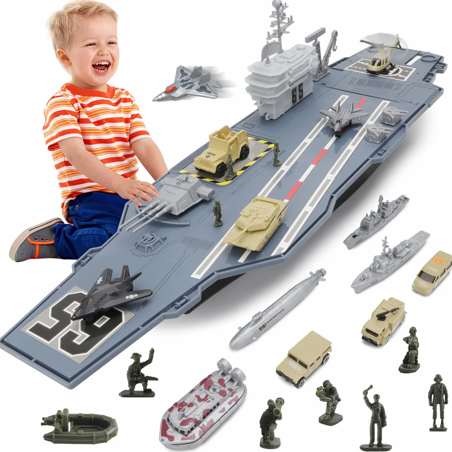 deAO Modele lotniskowców z małymi modelami samolotów, ciężarówek, helikopterów, czołgów, łodzi podwodnej, pancerników, figurek akcji, prezent dla chłopców
