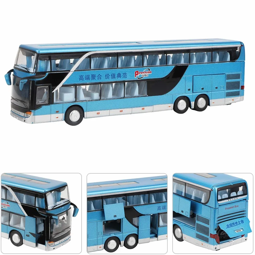 Lipcowe letnie prezenty Wandisy zabawka autobusowa podwójna platforma 1:50 Alloy model autobusowy, zabawka z muzyką rozrywkową dla dzieci (niebieski)