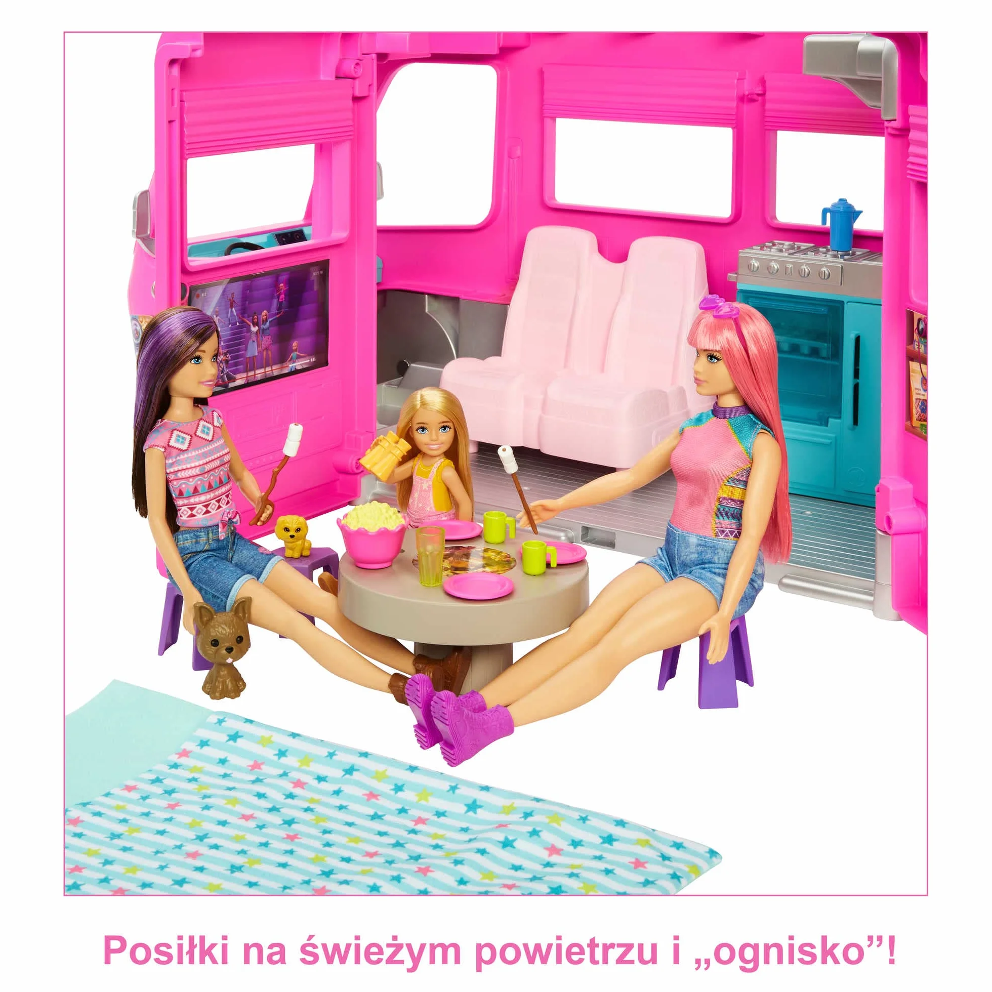 Barbie Dreamcamper Zestaw z kamperem z obracającymi się kółkami, 7 obszarami zabawy, basenem, zjeżdżalnią i ponad 60 akcesoriami kempingowymi, prezent dla dzieci od 3 roku życia, HCD46