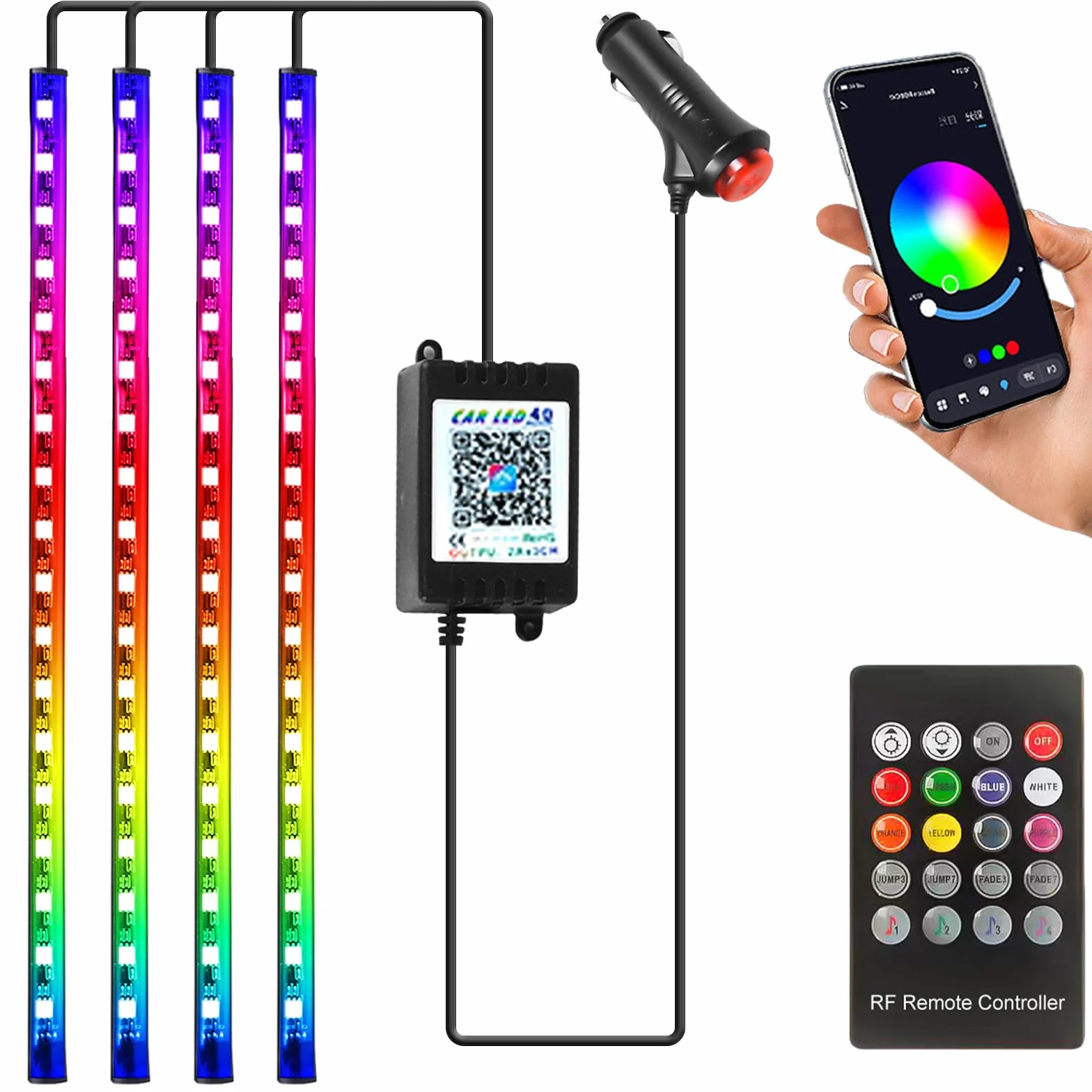 Oświetlenie wewnętrzne LED do samochodu 4 sztuki 72 paski RGB 12 V taśma LED ze sterowaniem aplikacją