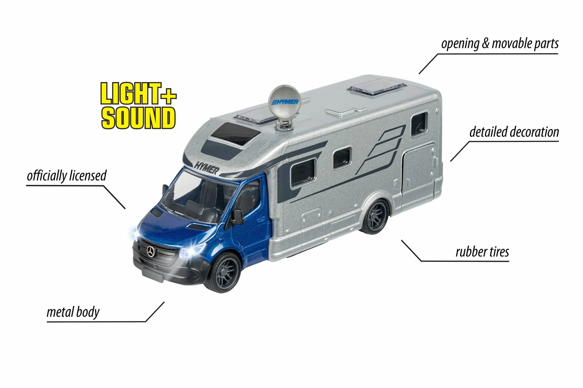 Majorette Grand 213773000 Hymer B-Class Kamper 19 cm, światło i dźwięk, metalowy samochód kempingowy diecast do zabawy na świeżym powietrzu, prezent dla dzieci od 3 lat