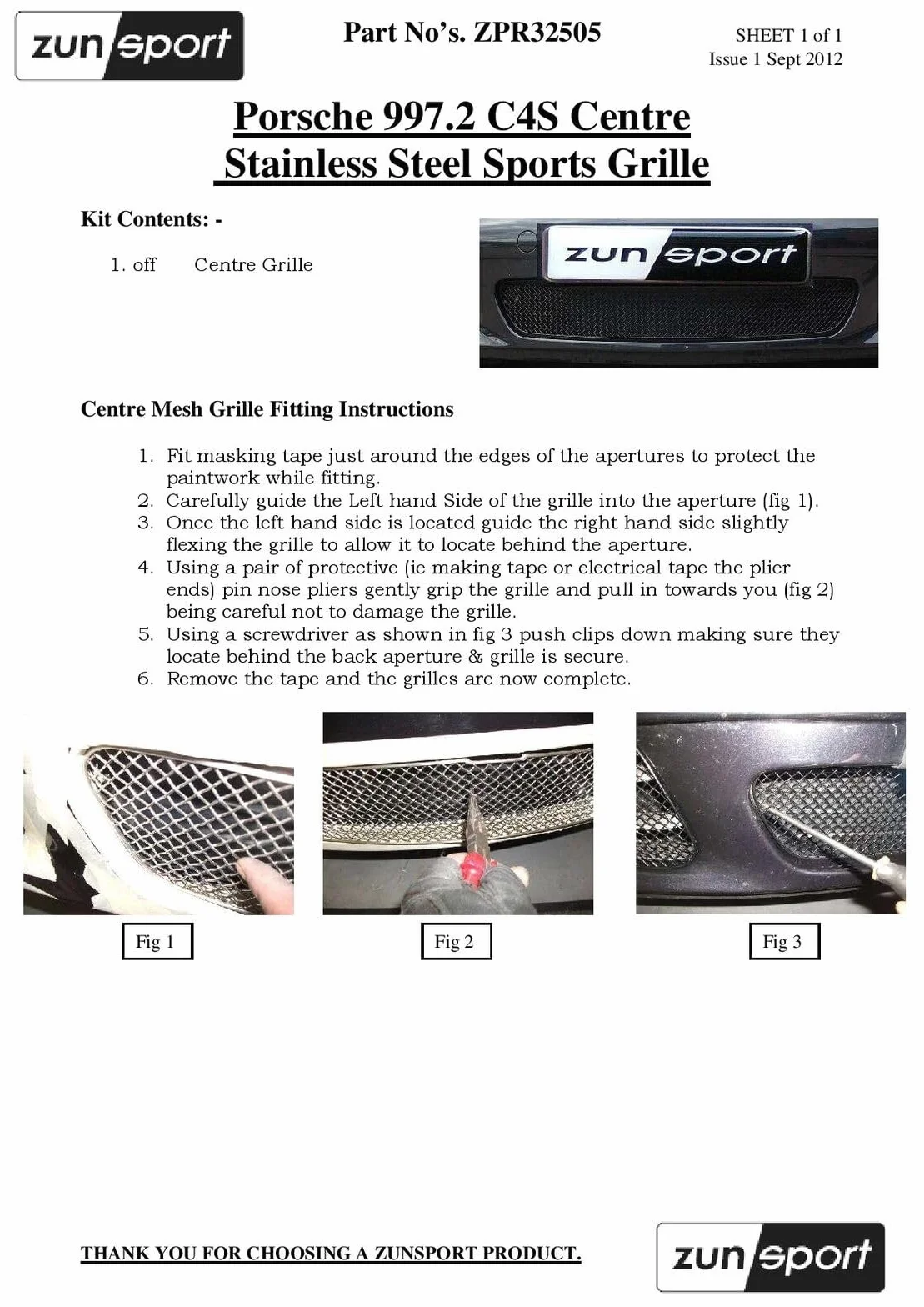 Zunsport Compatible With Porsche Carrera 997.2 (C2,C2S,C4,C4S) - Centre Grille - Silver finish (2009 to 2012)