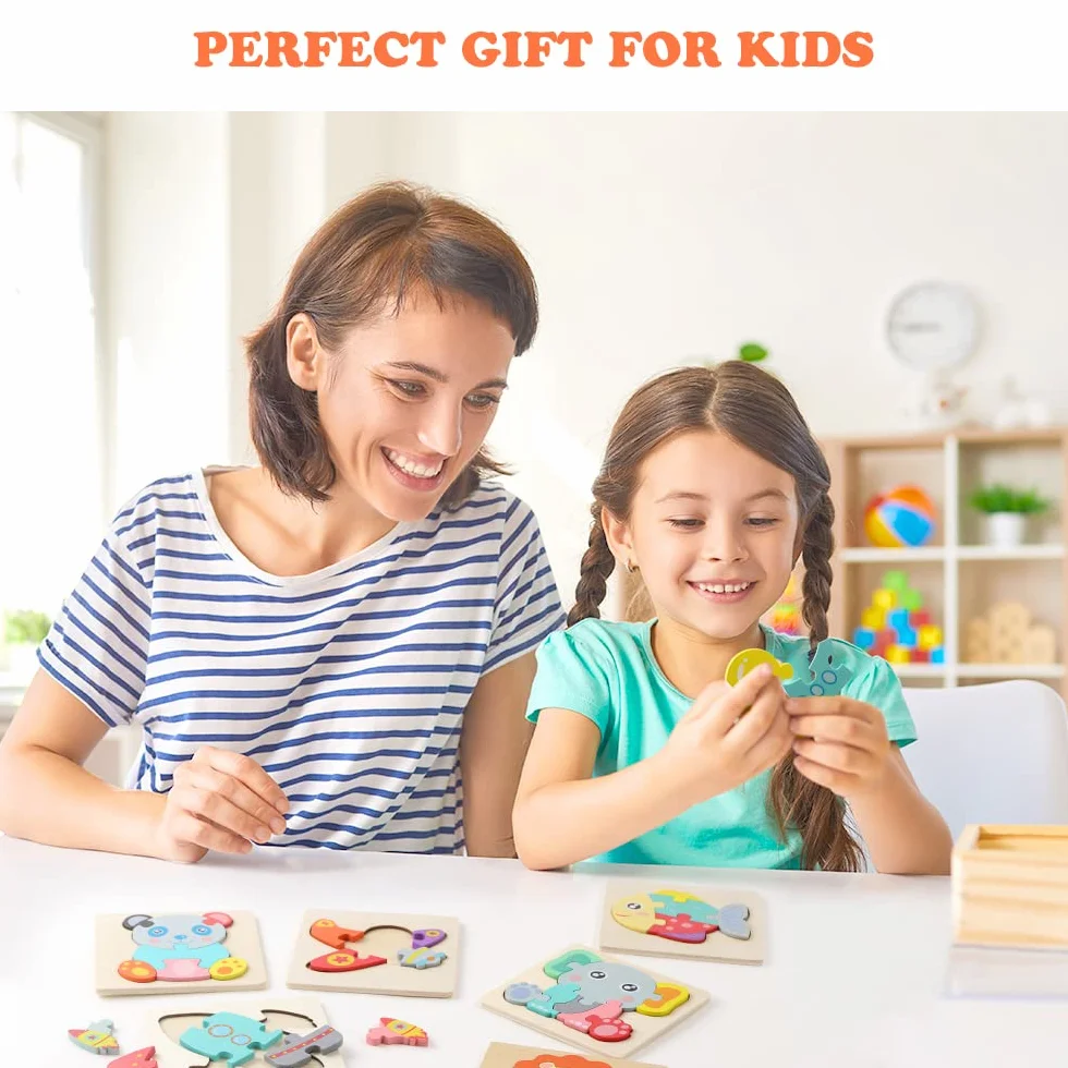 HOTUT Drewniane puzzle, 6 sztuk 3D puzzle ze zwierzętami, zabawki dla niemowląt, zestaw puzzli z numerami kształtu, drewniane puzzle dla malucha, prezent, zabawka edukacyjna, dla dzieci w wieku 1-3
