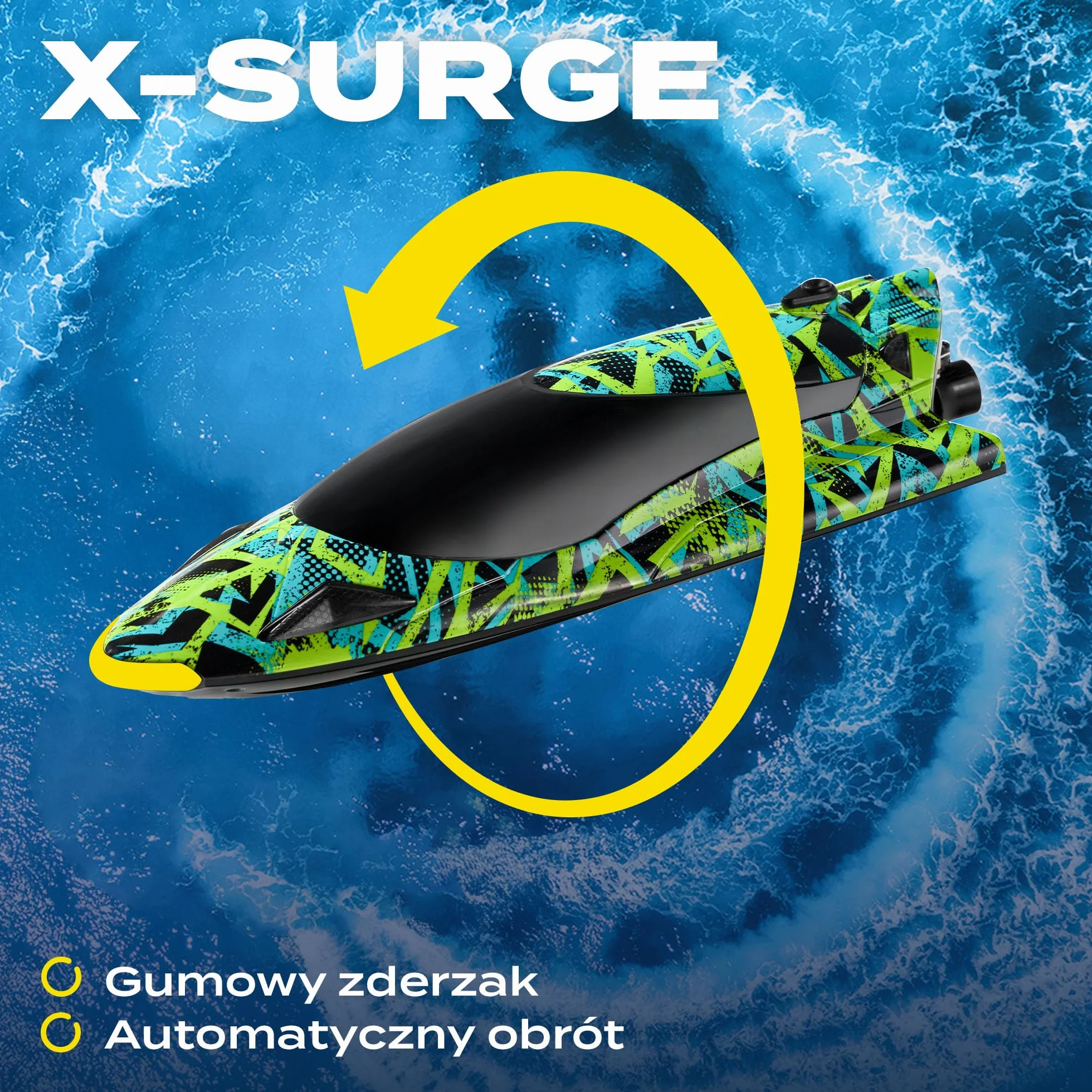 OVERMAX X-SURGE Zdalnie Sterowana Łódź Wyścigowa RC Motorówka ze Światłem LED 35 km/h Baterie 1200 mAh 30 min Zabawy Regulacja Prędkości Zasięg do 100 m, Zabawka na Basen i Jeziora