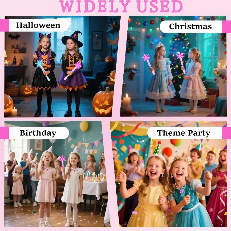 AUYAO Magiczna różdżka dla dzieci, 4 szt., świecąca różdżka z muzyką, magiczna różdżka księżniczki z koroną, naszyjnik, kolczyki na Boże Narodzenie karnawał (różowa)