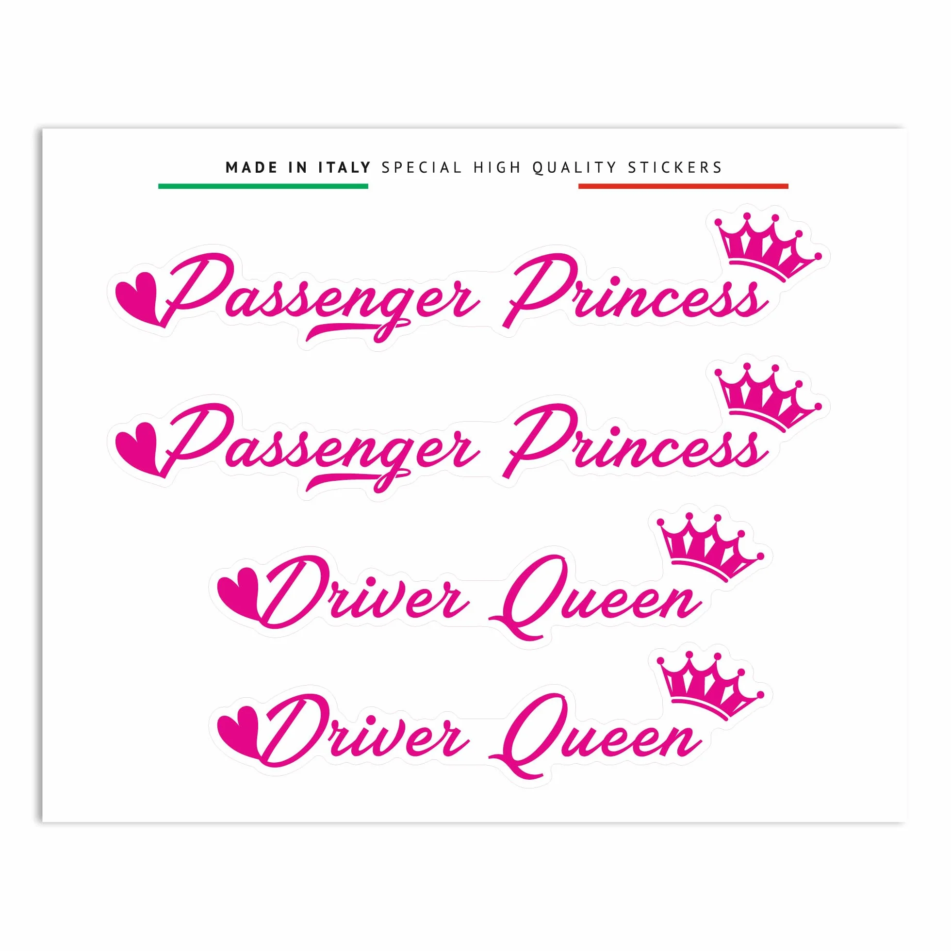 Naklejki Passenger Princess & Driver Queen, Zestaw 4 Dekoracyjnych Naklejek, 12 x 9.5 cm, Fuksja