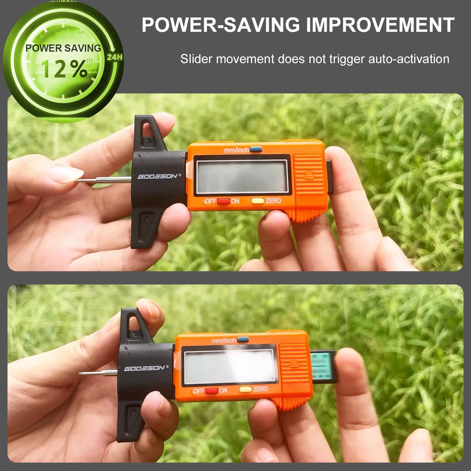 GODESON Oranżowy cyfrowy miernik głębokości bieżnika opon, 0-25,4 mm, cyfrowy miernik opon z dużym wyświetlaczem LCD i oranżowym cyfrowym miernikiem głębokości bieżnika do opon do samochodów