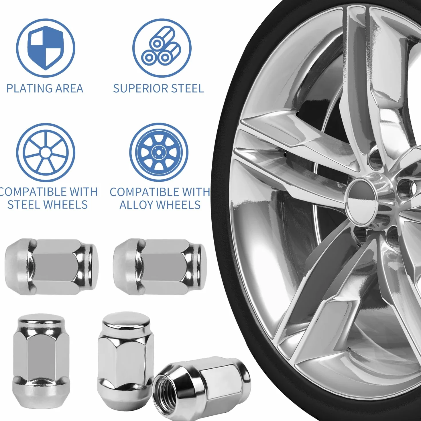 Nakrętki do kół M12 x 15 chromowane zamknięte stożkowe 60° 20 sztuk Ford Toyota Honda Mazda