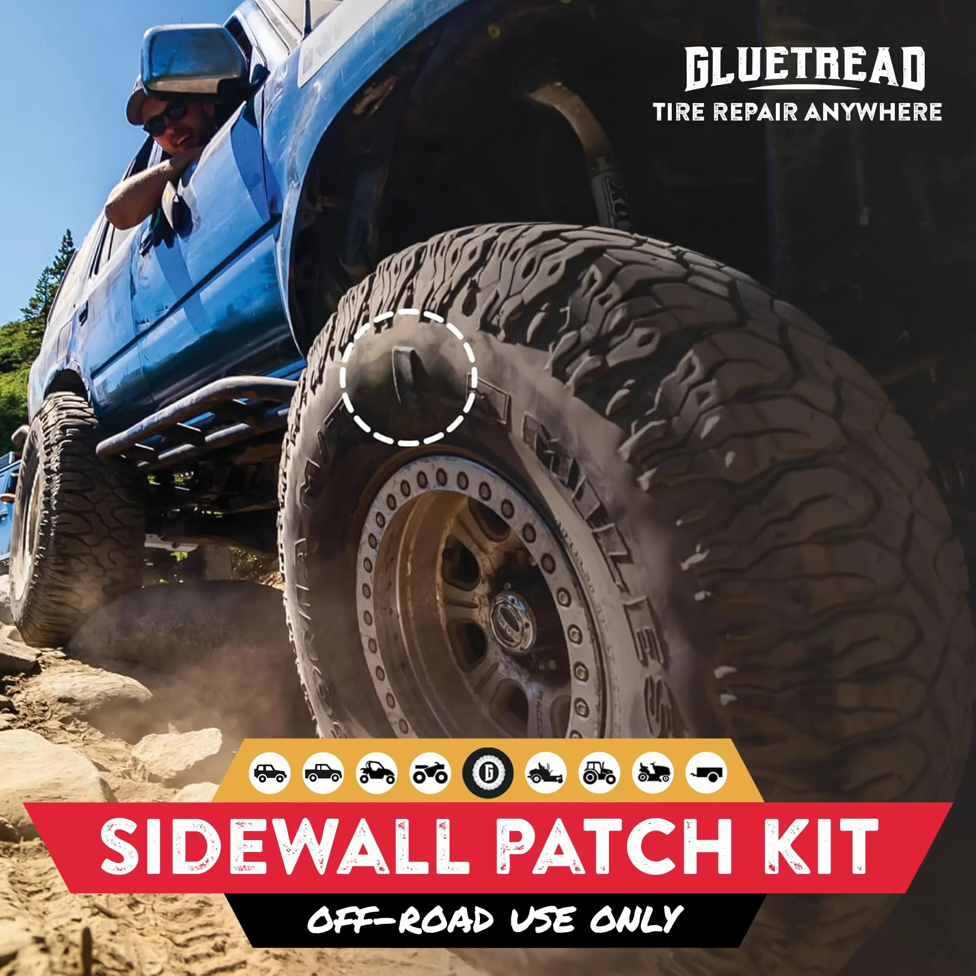 GlueTread 4 x 4 zestaw do naprawy opon bocznych, pełnowymiarowy, zestaw naprawczy do opon bocznych do pojazdów terenowych, ulepszona formuła gumowa, nie wymaga przyspieszenia, czas utwardzania 10