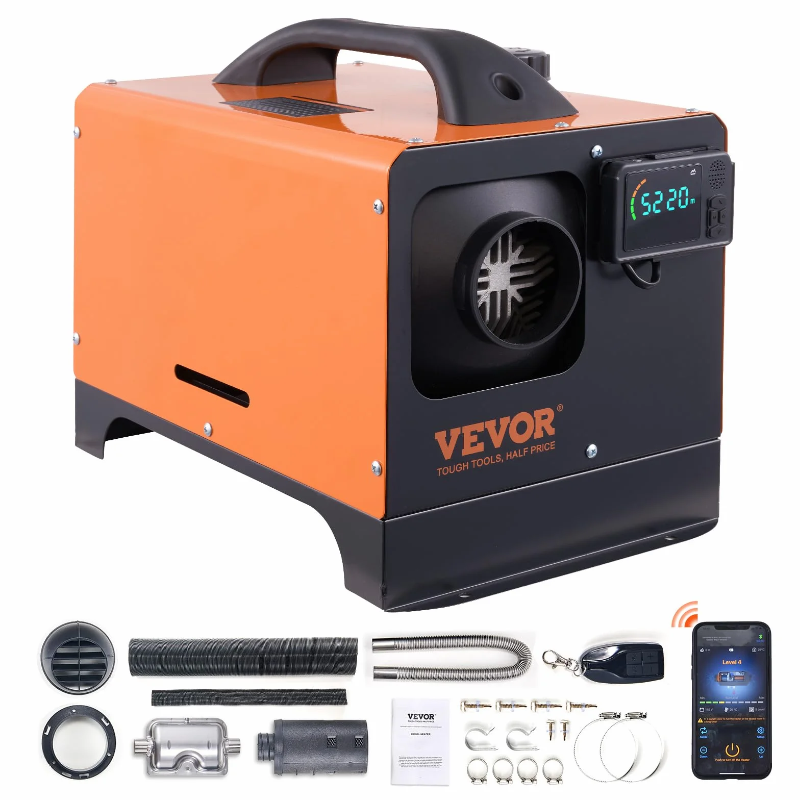VEVOR Przenośny podgrzewacz oleju napędowego All-in-One 12 V 5 kW Podgrzewacz powietrza Diesel 0,16-0,52 l/h 8 ~ 36 °C Regulowany 15-20 m² LCD Bluetooth Pilot Zdalnego Sterowania 5L Zbiornik do