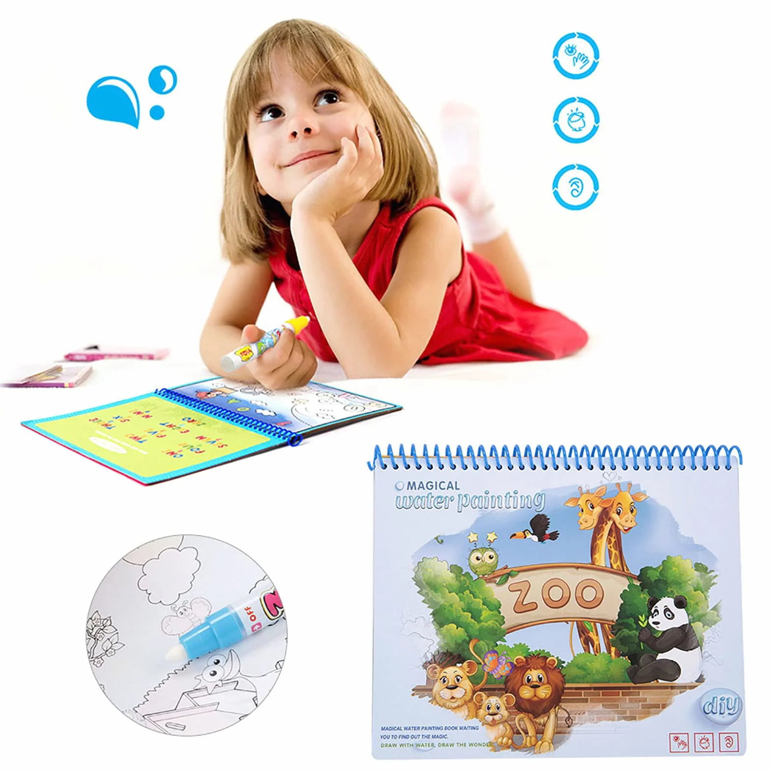 Water Drawing Coloring Painting Book Doodle Reusable Water-Reveal Activity Pads Baby Kids Toys Early Education with Pens for Kids[Zoo]