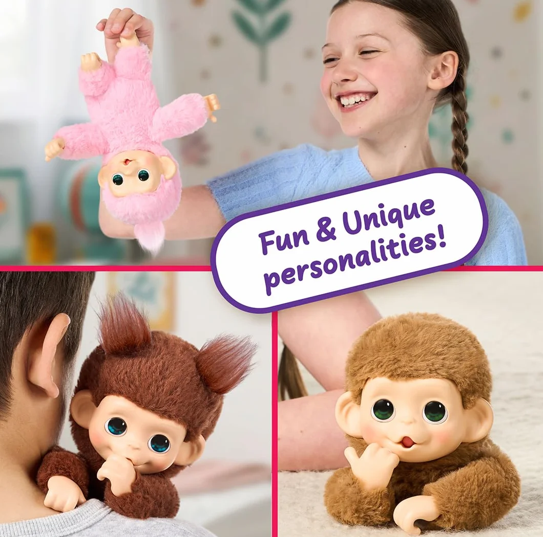 Little Live Pets Baby Monkey Minis – Luna Lemon. Interaktywna zabawka dla zwierząt domowych. Ponad 20 dźwięków i reakcji. Miękkie różowe futro. 18,8 cm wysokości. Karmić, pielęgnować. Reaguj