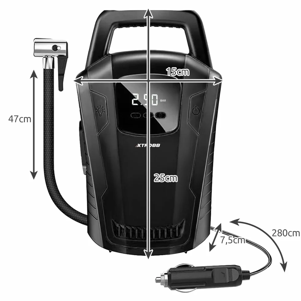 Mobilna sprężarka samochodowa pompka powietrza, 3 dysze powietrza, manometr, zaciskowa dysza z pompką, lampa 21866