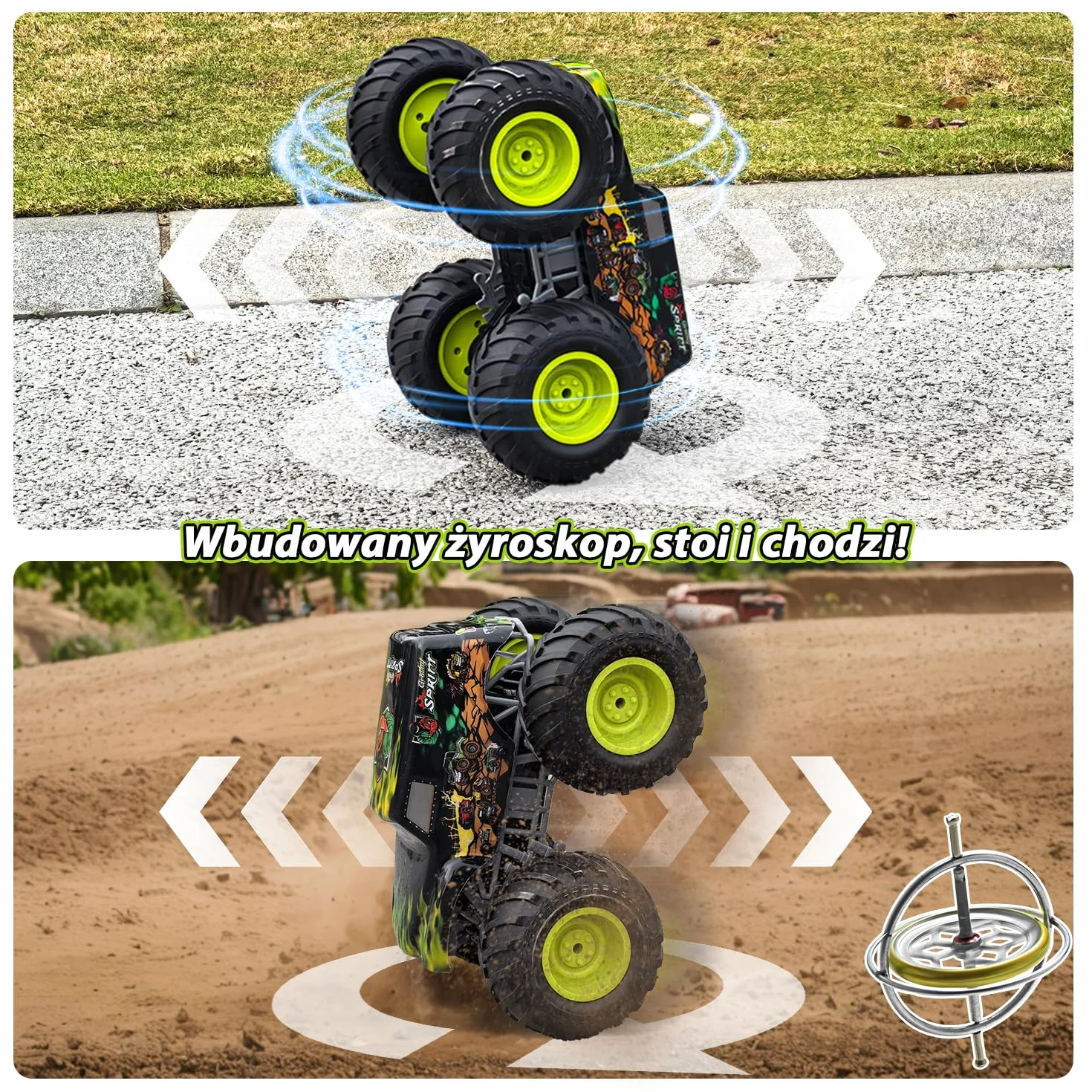Zdalnie Sterowany Monster Truck 1:16, 2,4 GHz dla Dzieci od 4 Lat - Amfibia z Światła, Robi Wheelie, Staje Dęba, Obroty 360° - Auto RC dla Chłopców i Dziewczynek