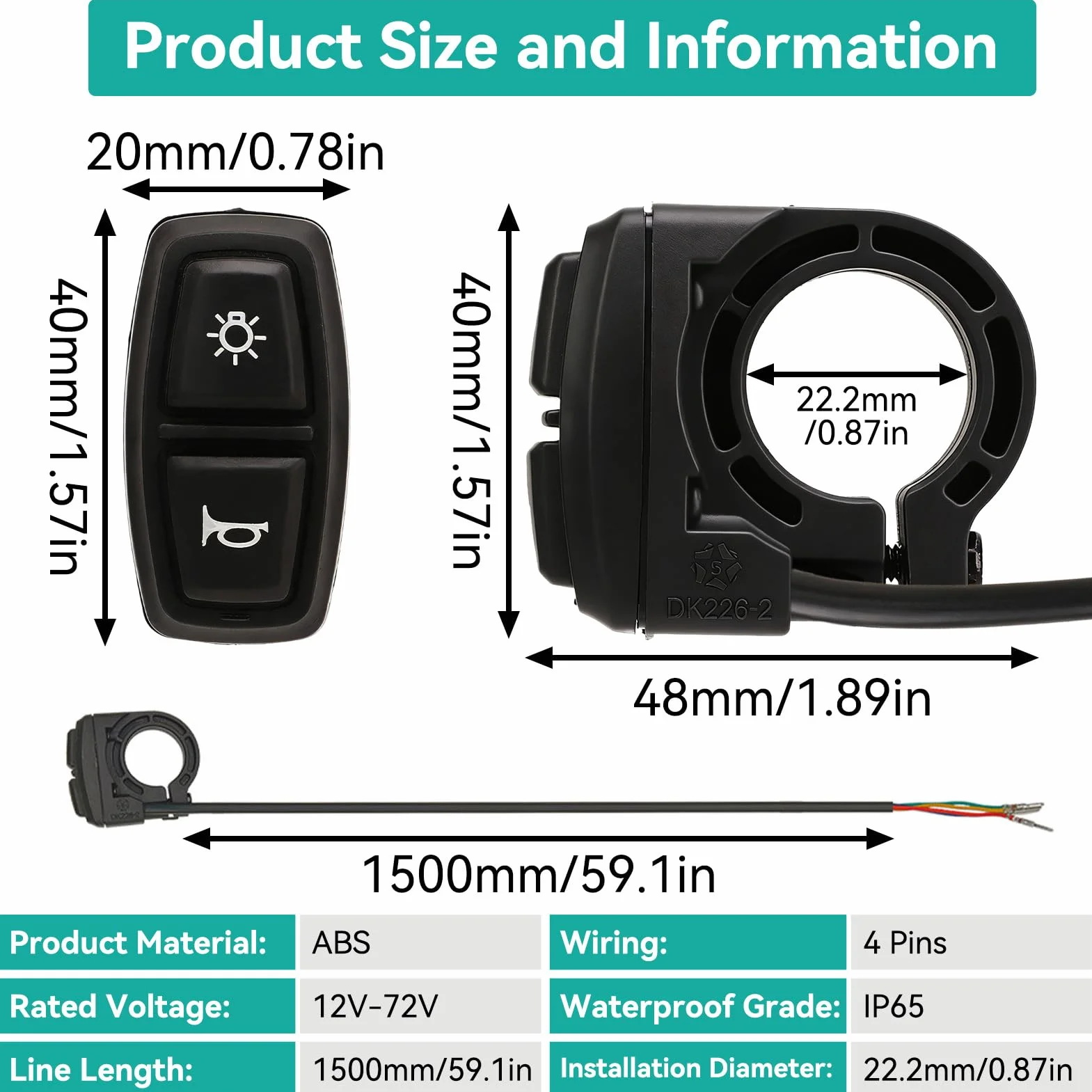 Przełącznik klaksonu do roweru elektrycznego 22,2 mm 12-72 V ABS 2 w 1