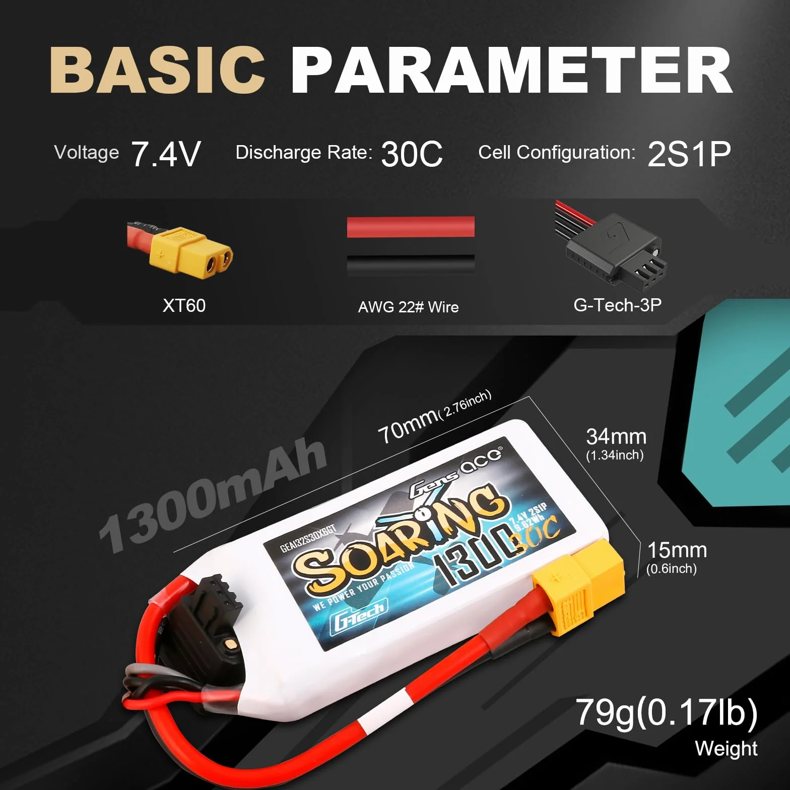 Gens ace 2S bateria Lipo 1300mAh 30C 7.4V bateria z wtyczką XT60 do helikoptera RC samolot RC hobby zdalnie sterowana łódka RC