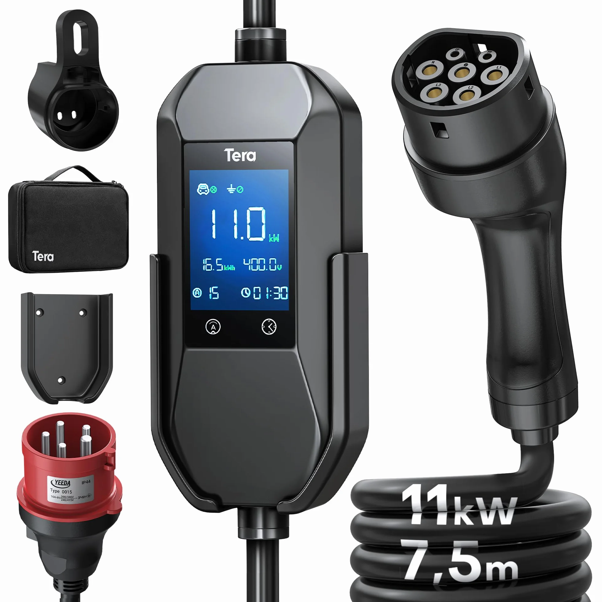 Tera Mobile Wallbox EV ładowarka 11 kW CEE 16A typ 2 IP66 3-fazowa 7,5 m 2,8" wyświetlacz cyfrowy
