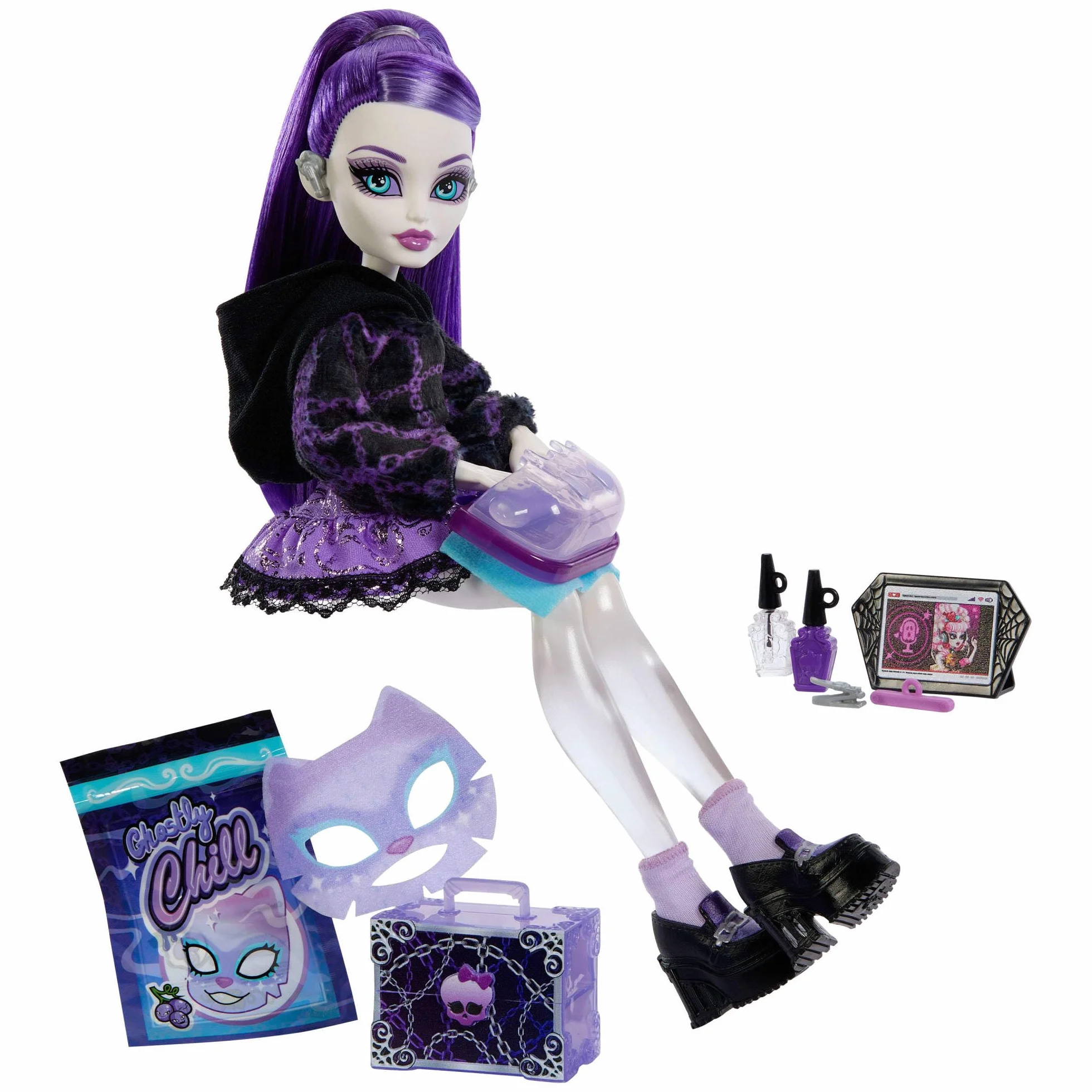 Monster High Straszyrelaks self-care Spectra Vondergeist Zestaw, lalka i akcesoria-niespodzianki, w tym zestaw do „manicure” oraz „gramofon”, zabawka dla dzieci 4+, JHK46