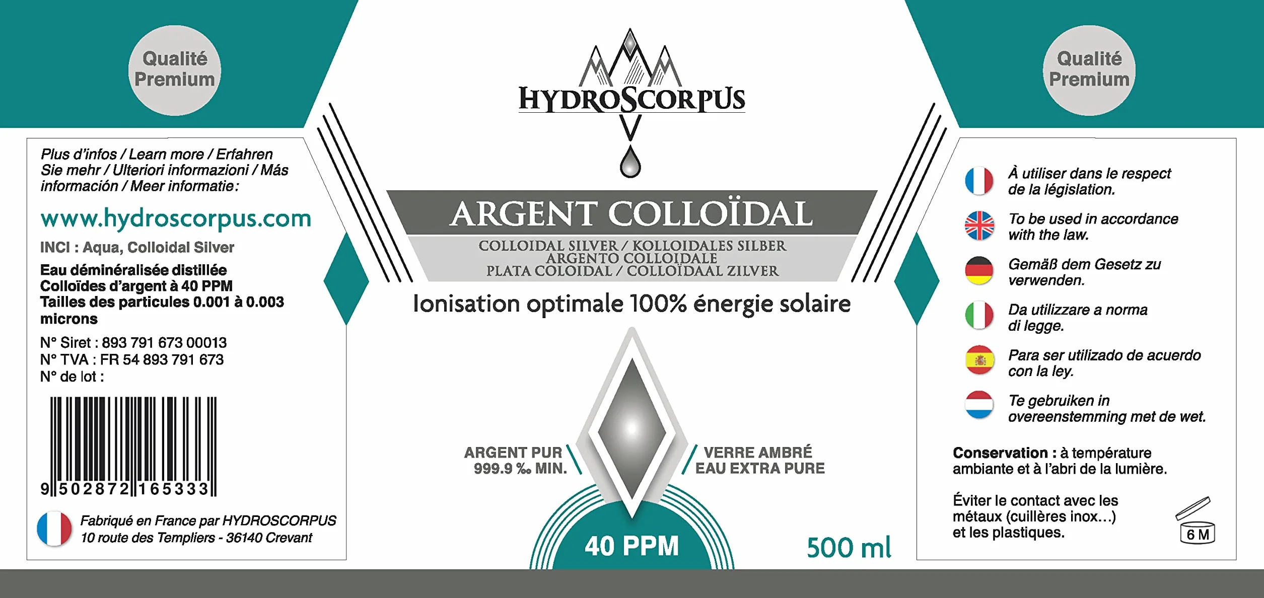 Srebro koloidalne 40 PPM 500ml SZKŁO naturalny pierwiastek organiczny Oligo jonizacja słoneczna opakowanie kompostowalne