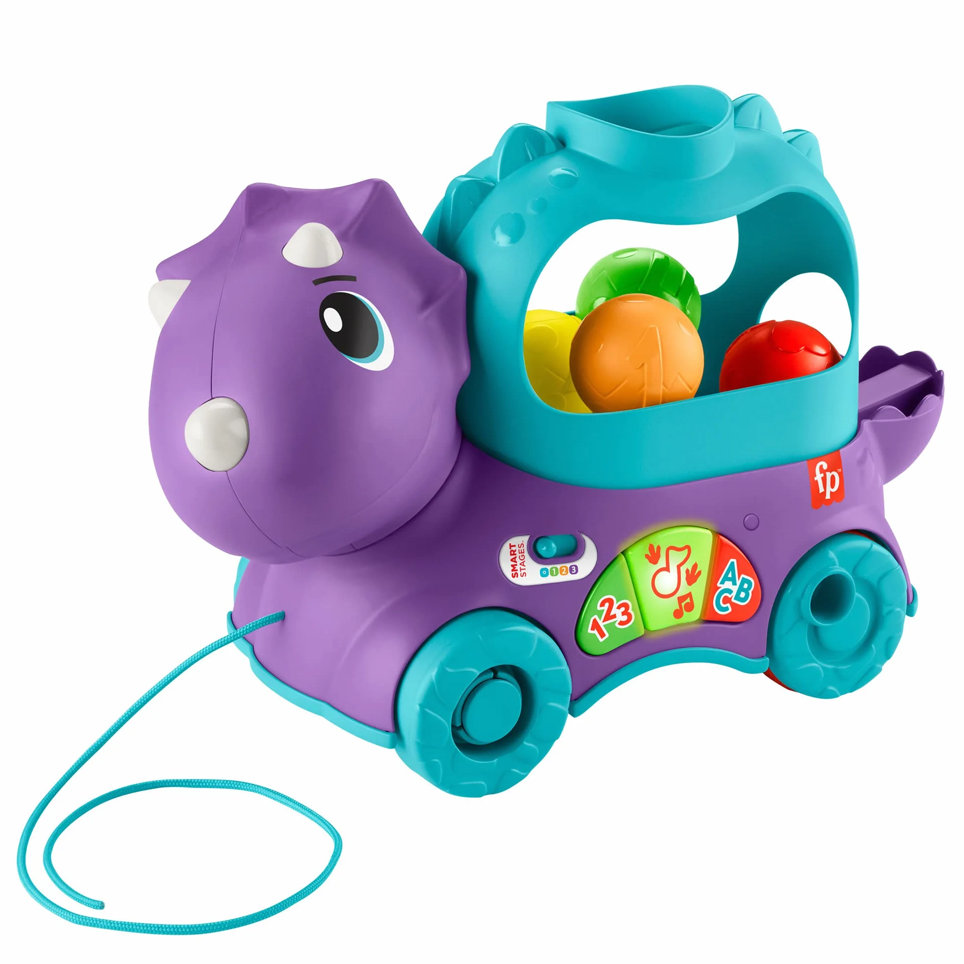 Fisher-Price Dinuś Podskakujące piłeczki Edukacyjna zabawka do ciągnięcia dla niemowląt i starszych dzieci, z treściami Poziomy nauki z możliwością wyboru języka, HNR51