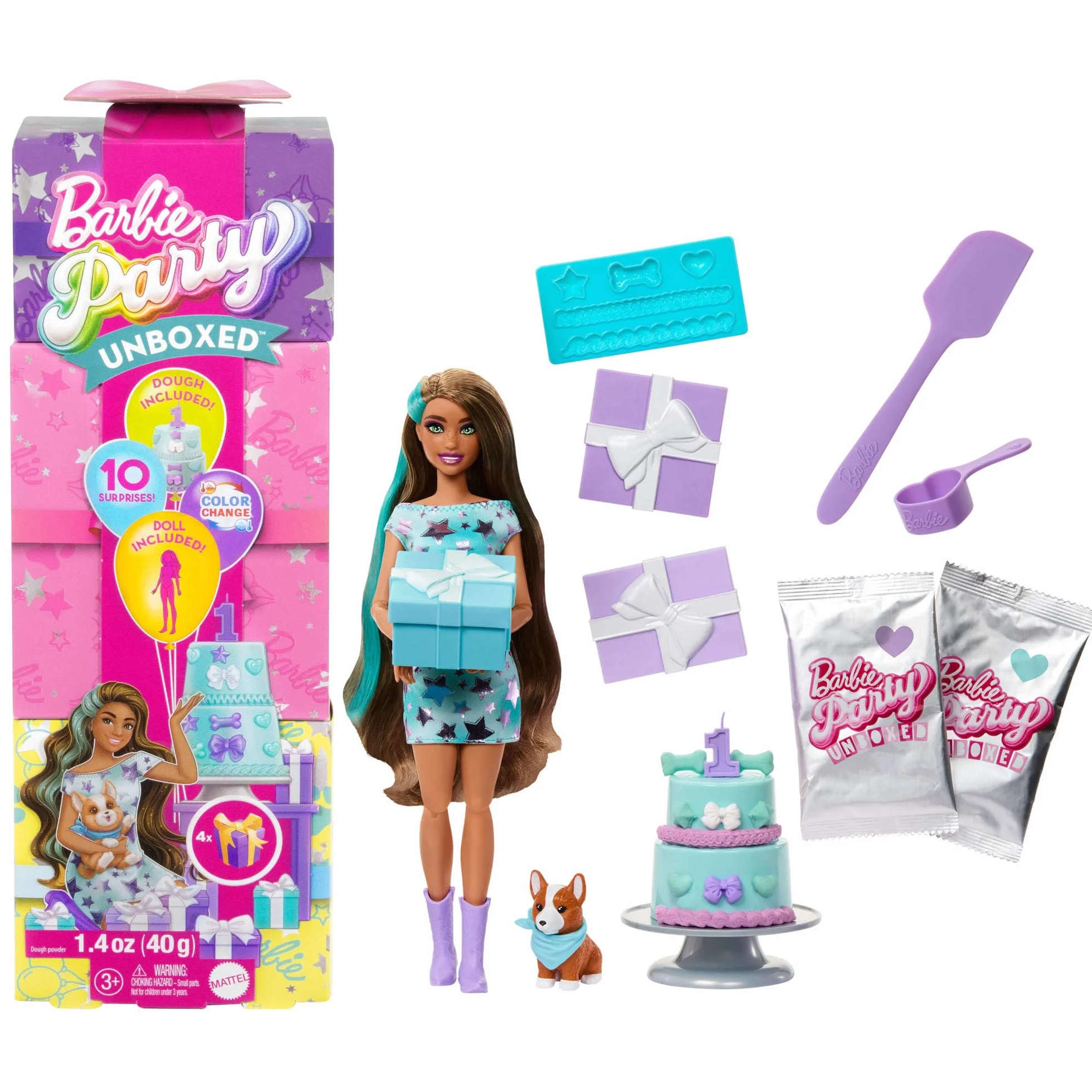 Barbie Party Unboxed Imprezowe niespodzianki Urodziny pieska Zestaw Wieczorowe gwiazdki Lalka i akcesoria, 10 niespodzianek, w tym zmiana koloru i zabawa w dekorowanie tortu, zabawka dla dzieci, JFG72