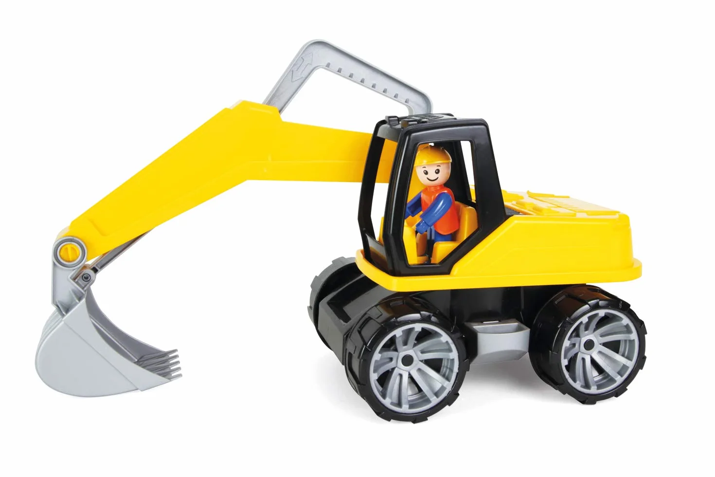Lena 4411 Truxx koparka ok. 44 cm, z ruchomą figurką do zabawy, pojazd na budowę dla dzieci od 2 lat, wytrzymała koparka z funkcjonalną koparką i uchwytem, żółta