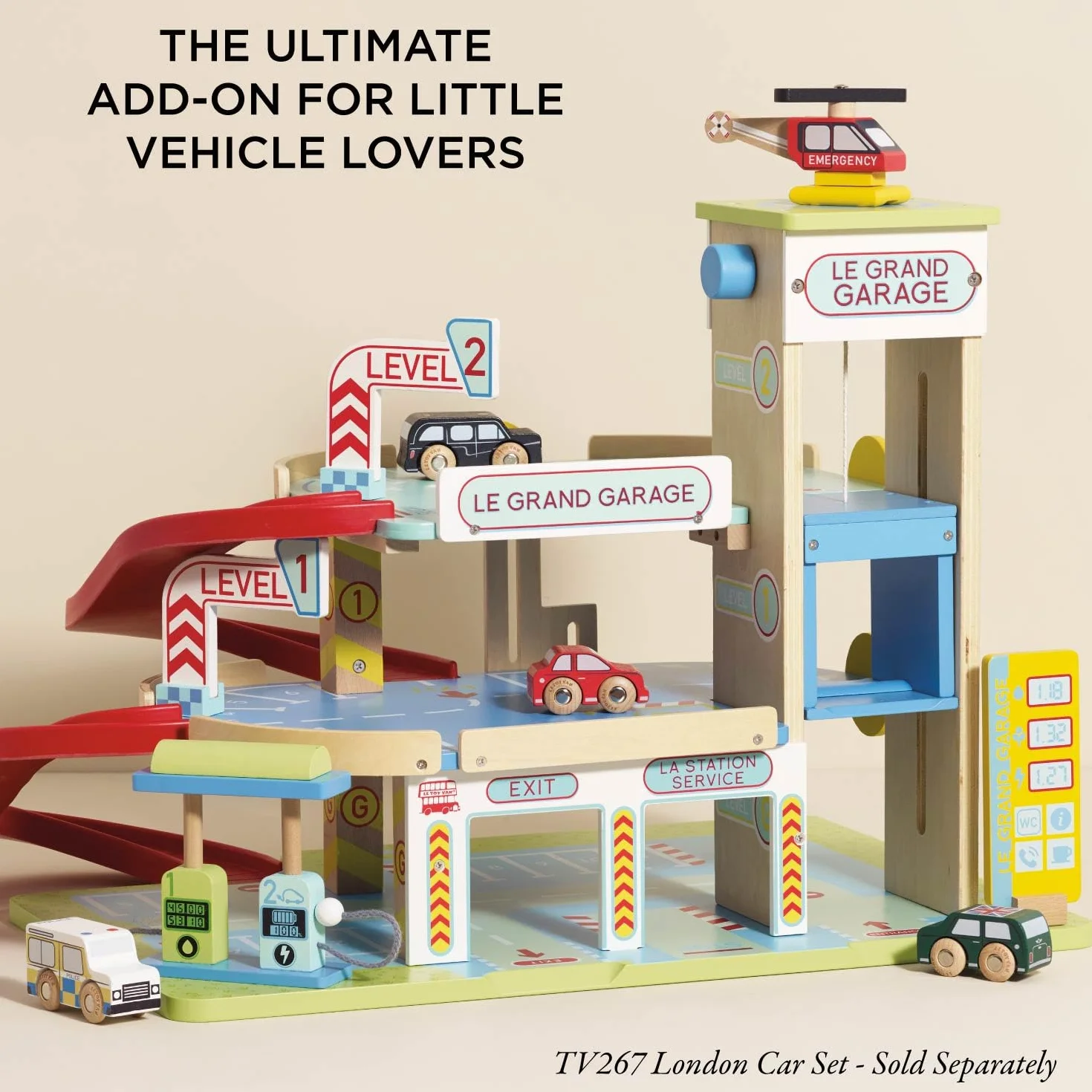 Le Toy Van - Iconic Wooden 3 Storey Le Grand Garage Toy Car Play Set - Set 7 Pieces, Play Vehicle Role Play Toys - Suitable For 3 Year Old +