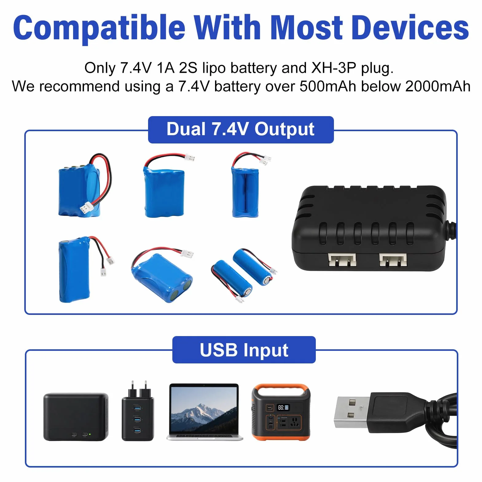 Ładowarka 7,4 V Lipo - z kablem USB do szybkiego ładowania 2 w 1