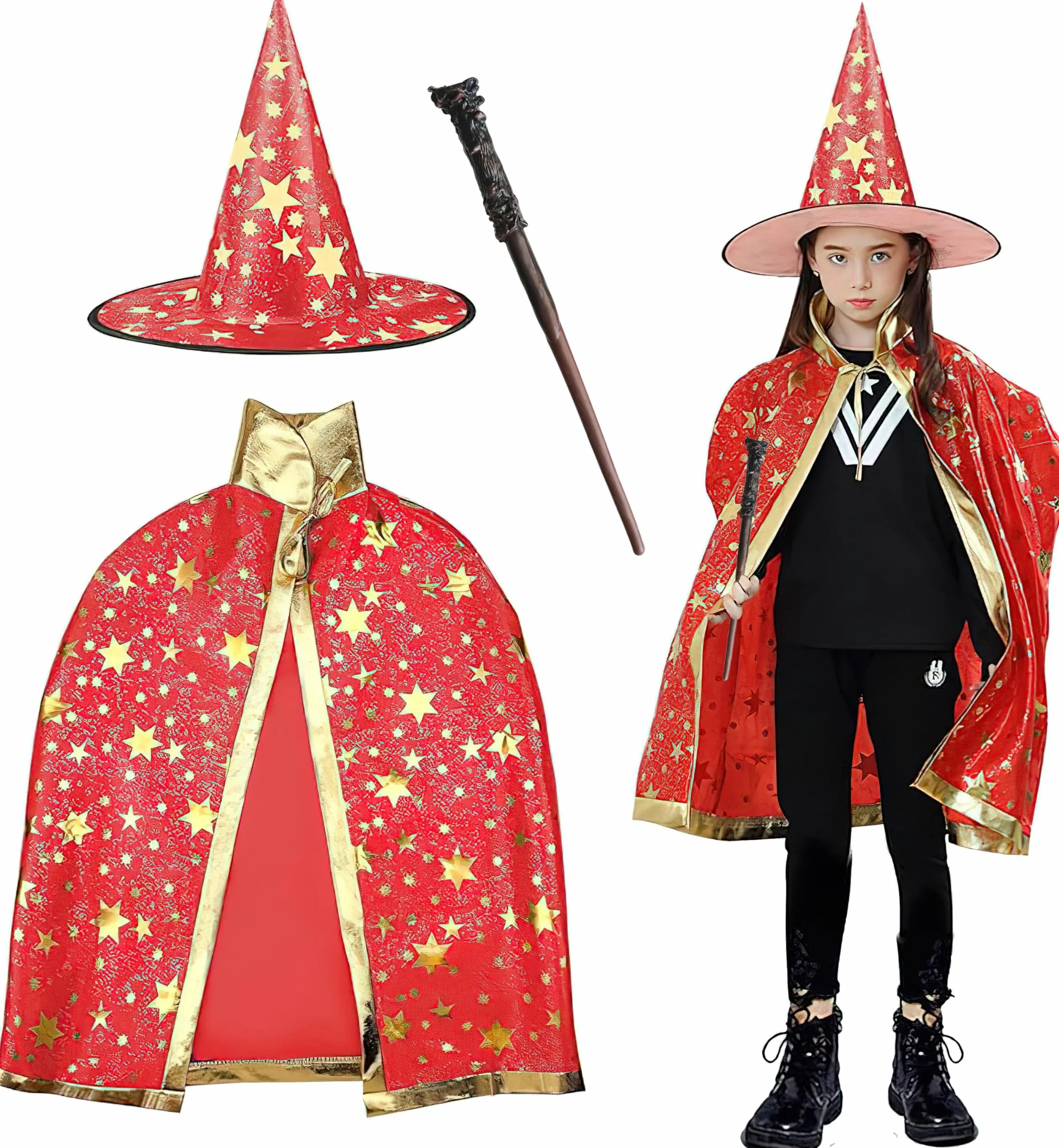 Kapelusz i peleryna czarodziejki, peleryna czarownicy z kapeluszem, peleryna maga dziecięca, peleryna dyniowa Halloween, płaszcz czarownicy, peleryna czarodziejska