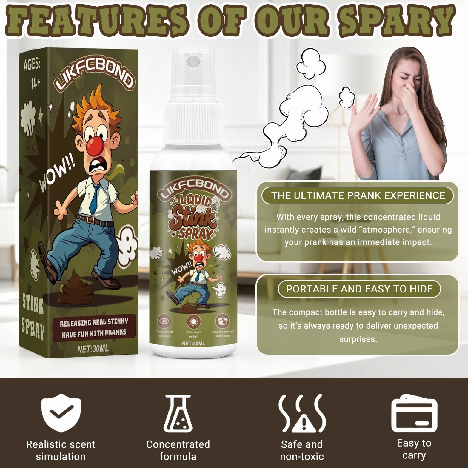 Śmierdzący Spray, Ekstra Mocny Spray Płynie, Niesamowity Śmierdzący Spray na Zarty, Funny Prank Stink Spray dla Dorosłych, Śmieszne Zart w Sprayu Nięcia, 1 Szt, 30ML
