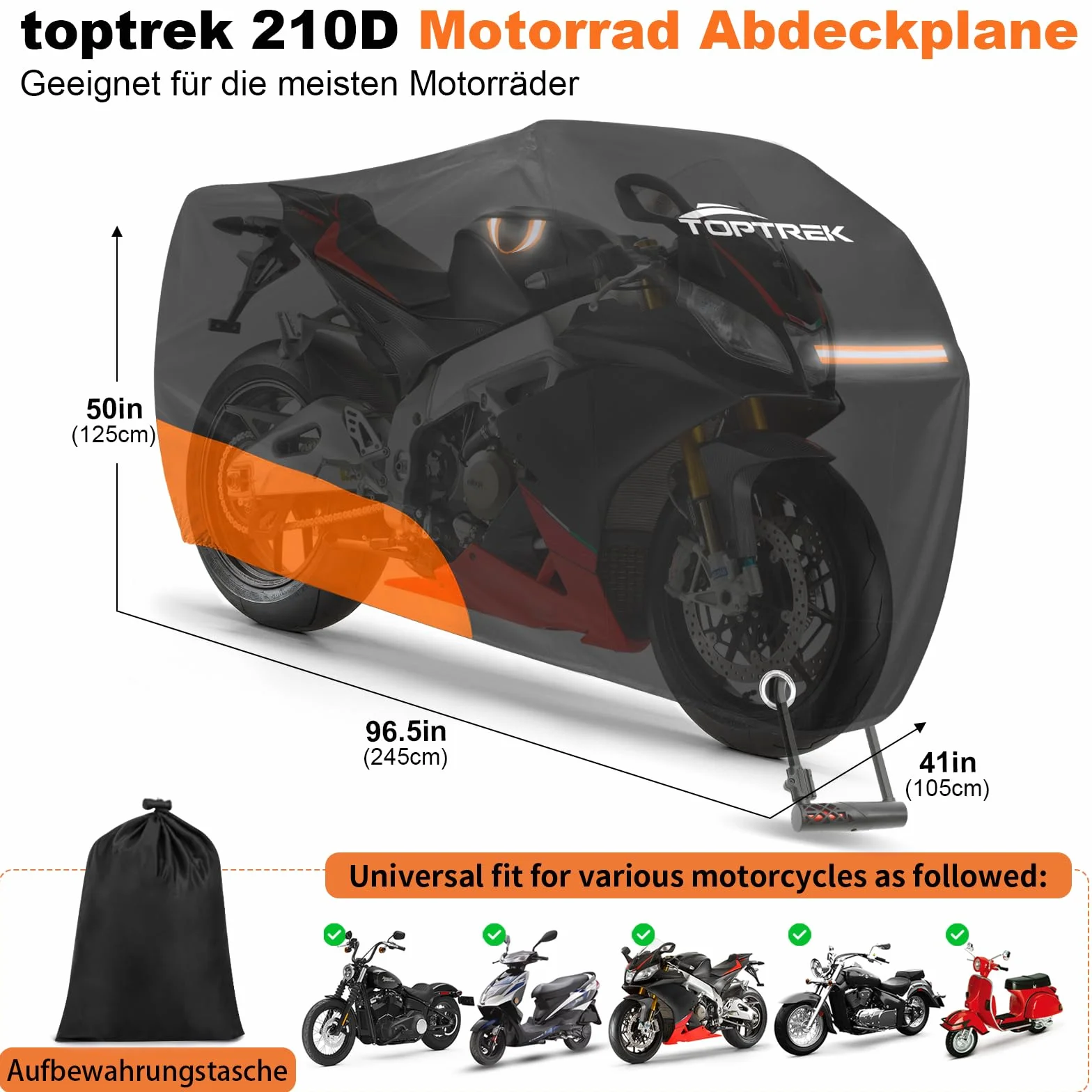 toptrek Plandeka okryciowa na motocykl, outdoorowa, XXL, wodoszczelna, odporna na zimę, z otworem na zamek, do modeli Harley Davidson, Honda, Suzuki, Kawasaki (245 x 105 x 125 cm)