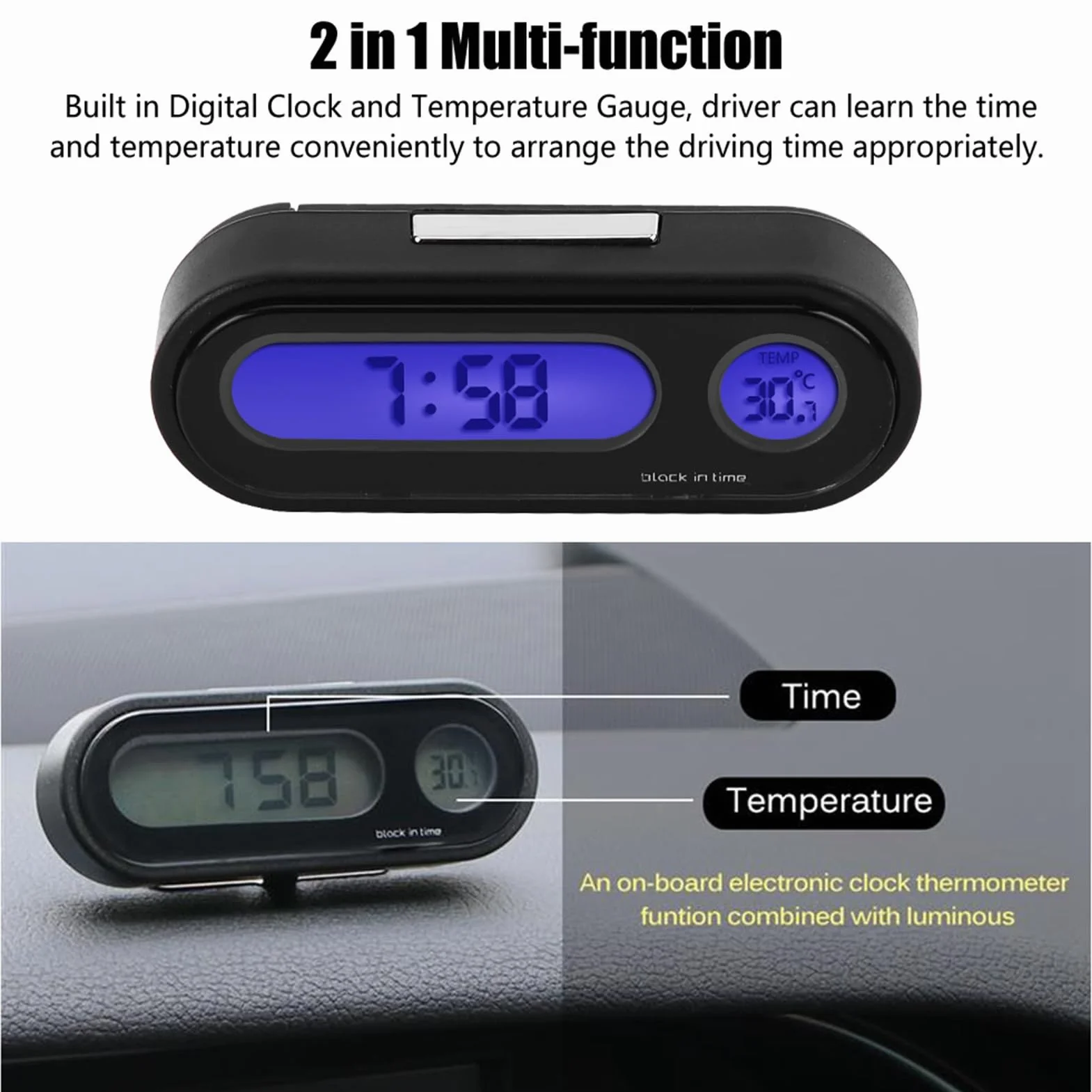 Samochodowy mini elektroniczny zegar cyfrowy termometr woltomierz 2 w 1