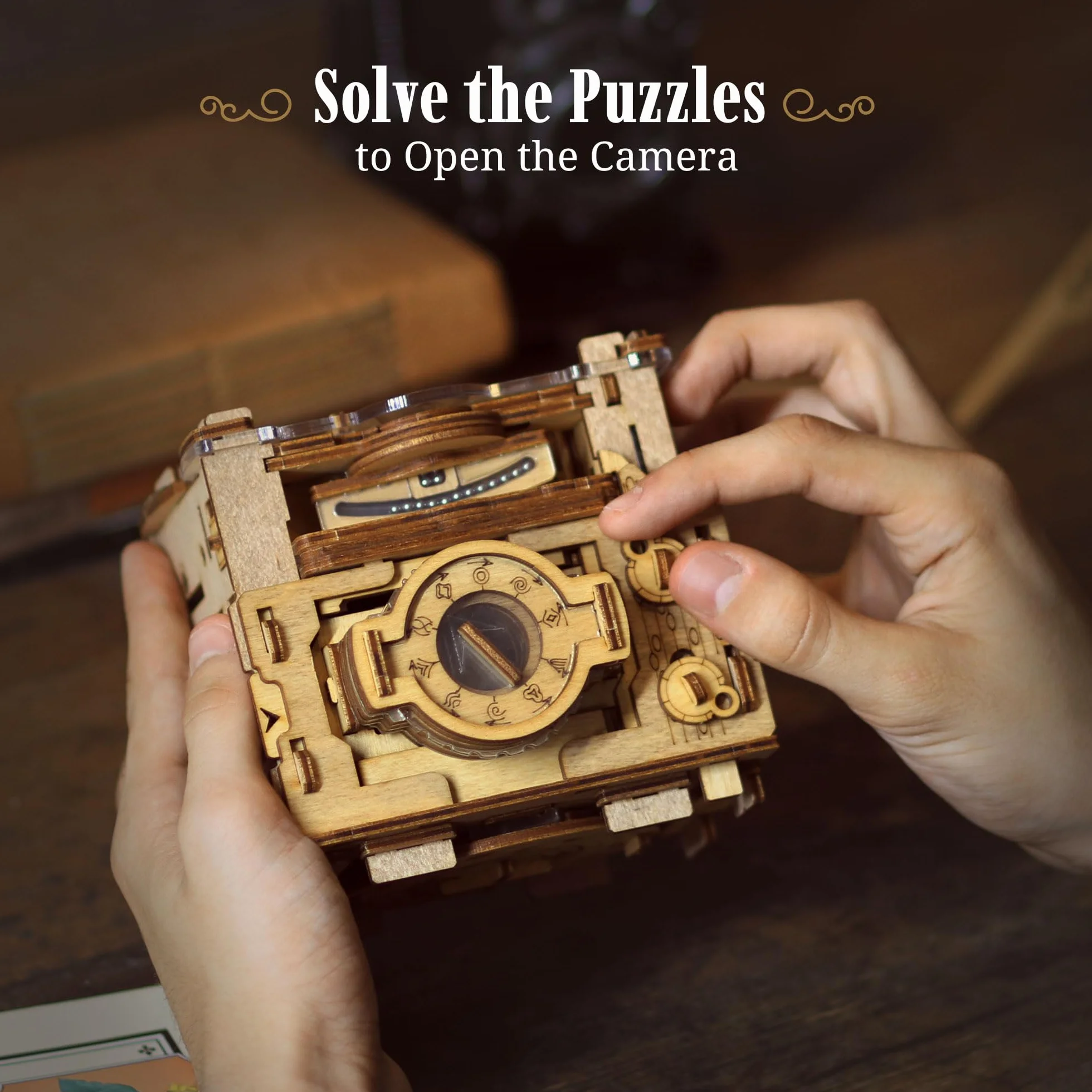 iDventure Cluebox PRO - kamera fotograficzna Sherlocka: Puzzle Box Escape Room - trudne drewniane 3D puzzle - wyjątkowe gry logiczne