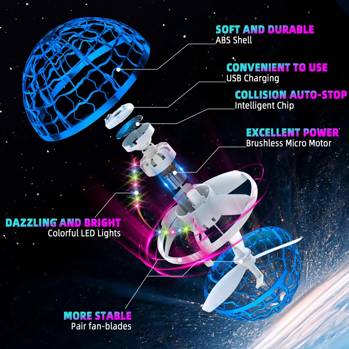 Latająca kula LED, Magic Flying Orb ze sterowaniem ręcznym, pływająca piłka Hoverball, świecący spinner, mini dron dla dzieci do użytku wewnątrz i na zewnątrz, fajna zabawka na prezent dla