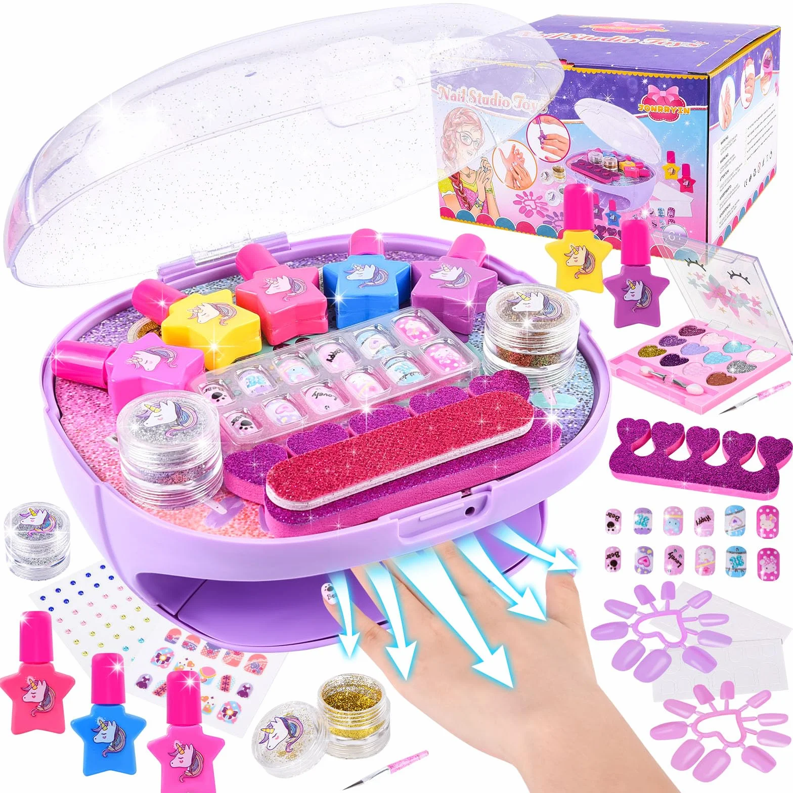Herenear Zestaw do Manicure i Makijażu dla Dziewczynek z Suszarką do Paznokci, Lakierami, Naklejkami - Zabawkowy Prezent na Boże Narodzenie