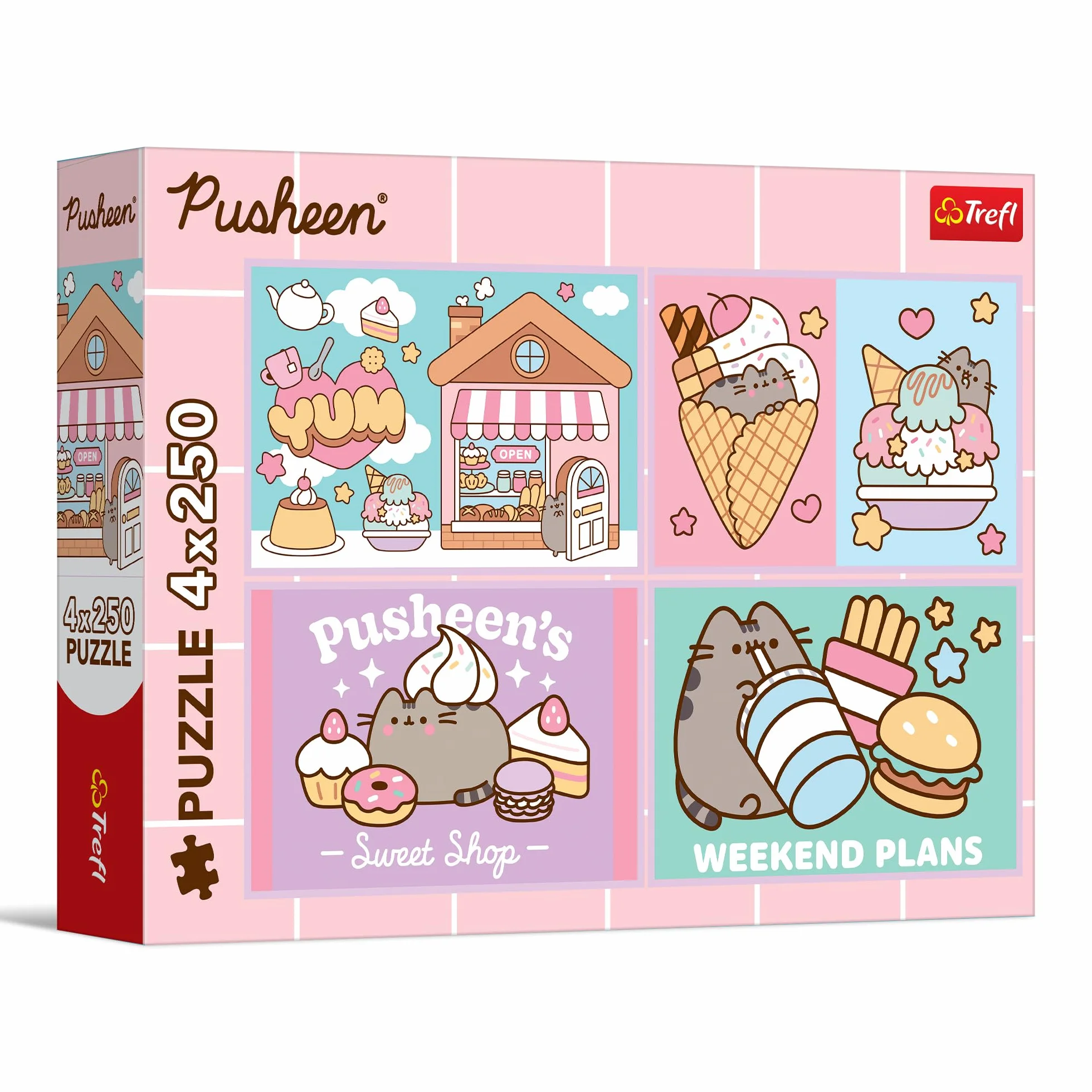 Trefl - Puzzle 4w1: Fluid World Pusheen, Poznajcie Pusheena - 4 x 250 Elementów - Zestaw Czterech Układanek dla Nastolatków