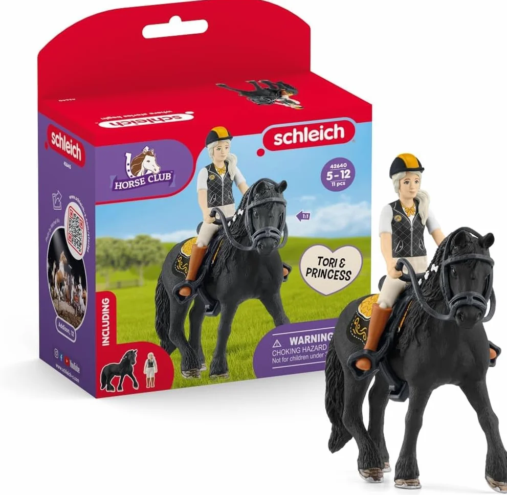 schleich HORSE CLUB | Tori & Princess 42640 | Ruchoma figurka dziewczynki z koniem, siodłem, uzdą & czaprakiem | Realistyczny zestaw jeździecki | Prezent dla dzieci | Zabawka od 5 lat | 11 elementów