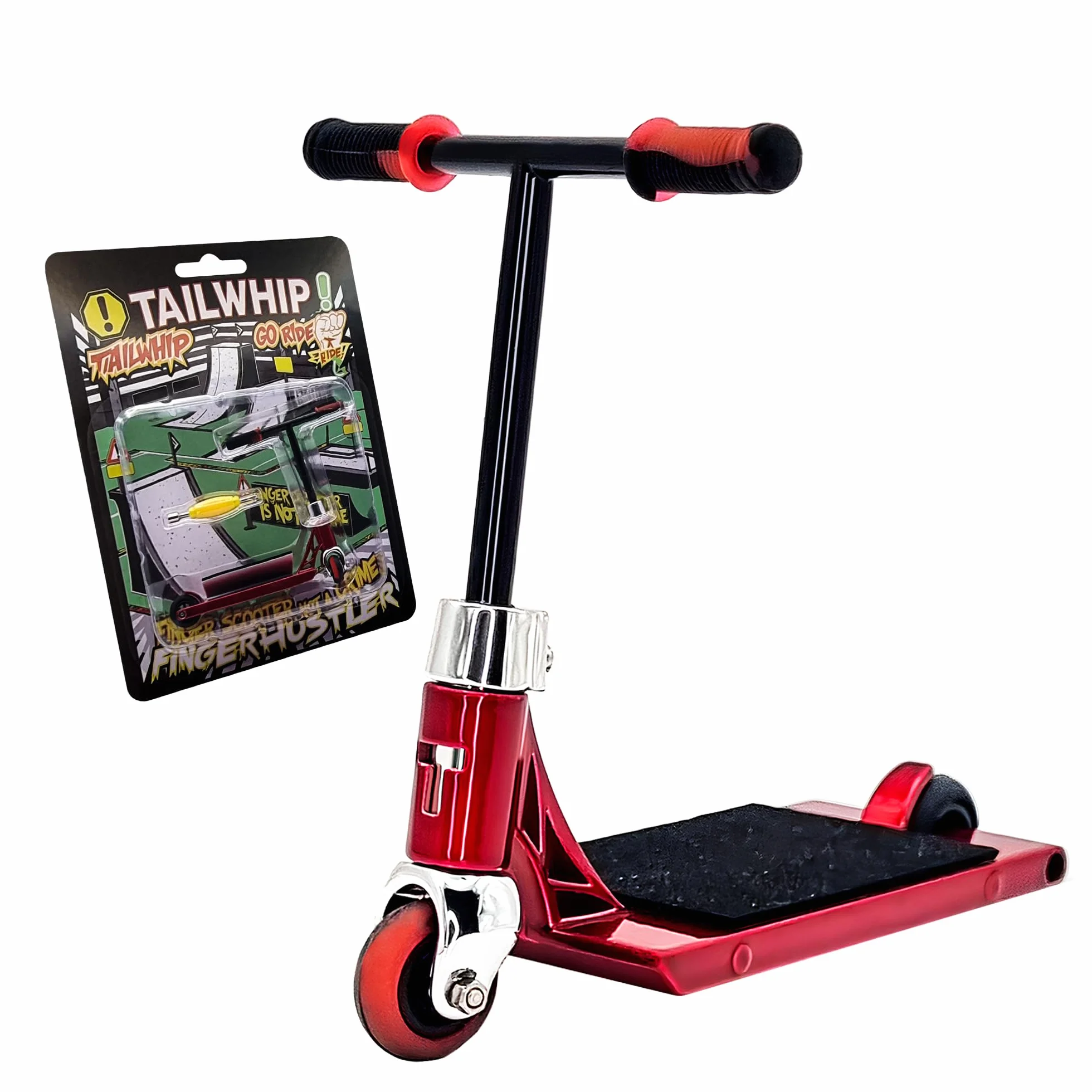 Finger Scooter z Metalu, Mini Hulajnoga z Szerokim Pro Deckiem, Do Imponujących Sztuczek, Zabawka Rozwijająca Motorykę Ręczną, Kompatybilna z Finger Skatepark i Finger Tech Skateboard, 6+, red
