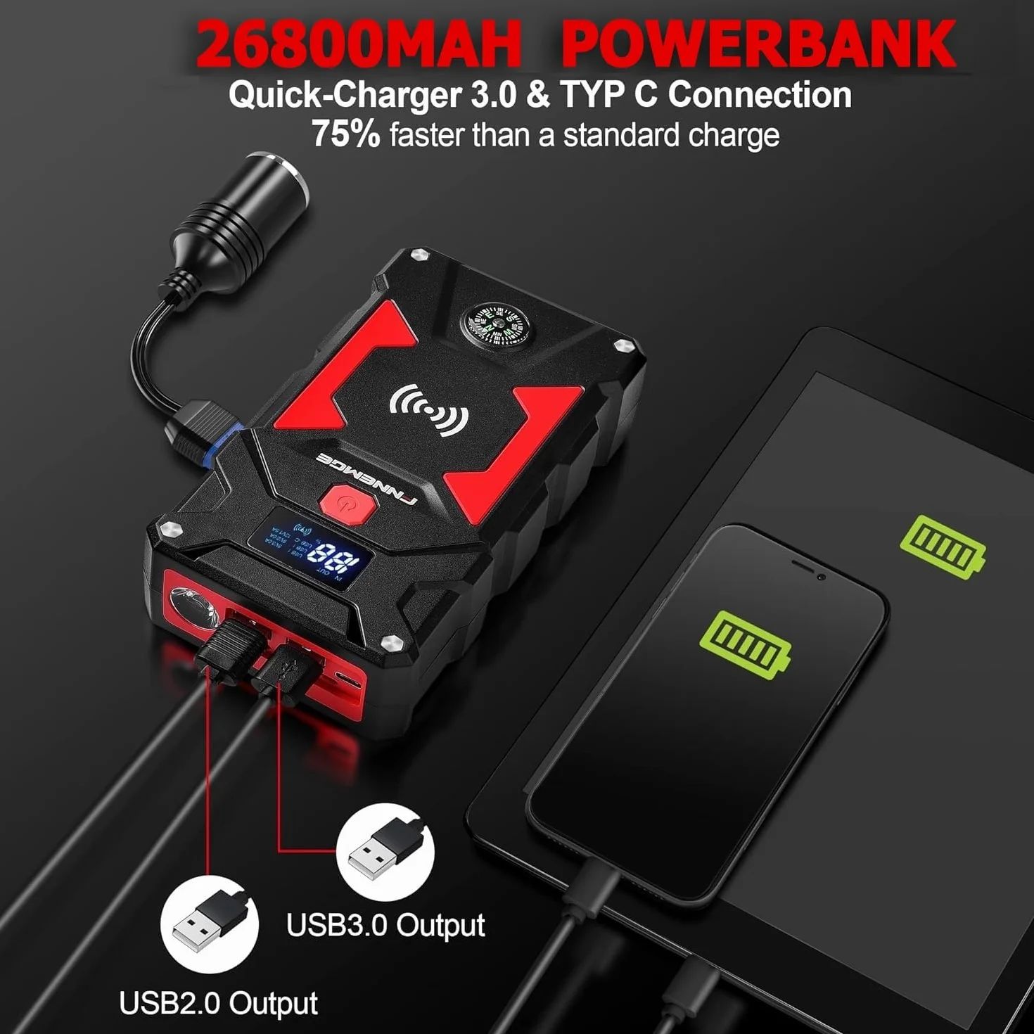 FNNEMGE powerbank rozruchowy 6000A 26800mAh przenośny akumulator samochodowy