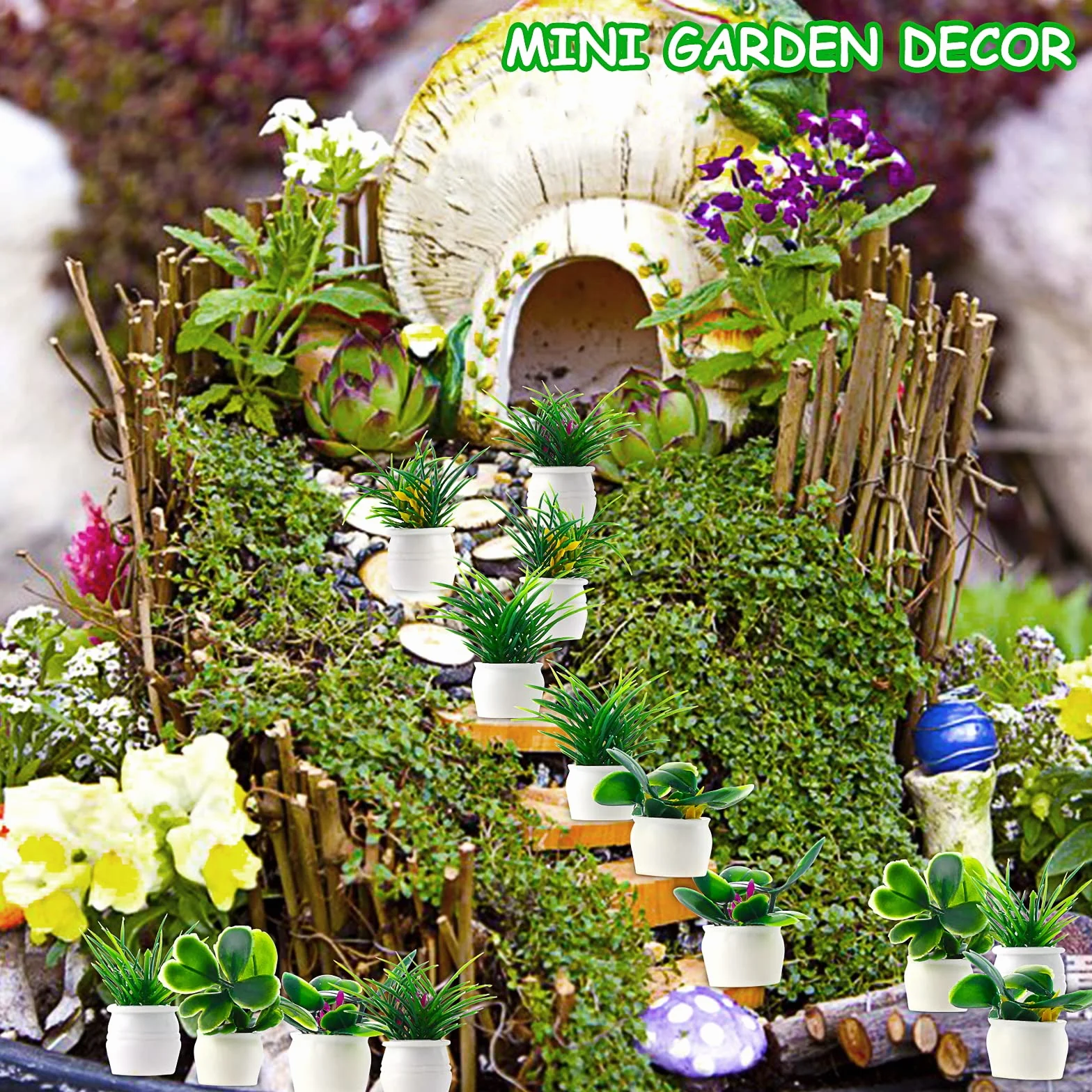 cobee Miniaturowy zestaw roślin do domku dla lalek, 14 sztuk, domek dla lalek, bonsai, roślina 1:12, mini ogród rośliny doniczkowe, mały kwiat, model zieleni, ozdoba, bajkowy ogród, domek dla lalek