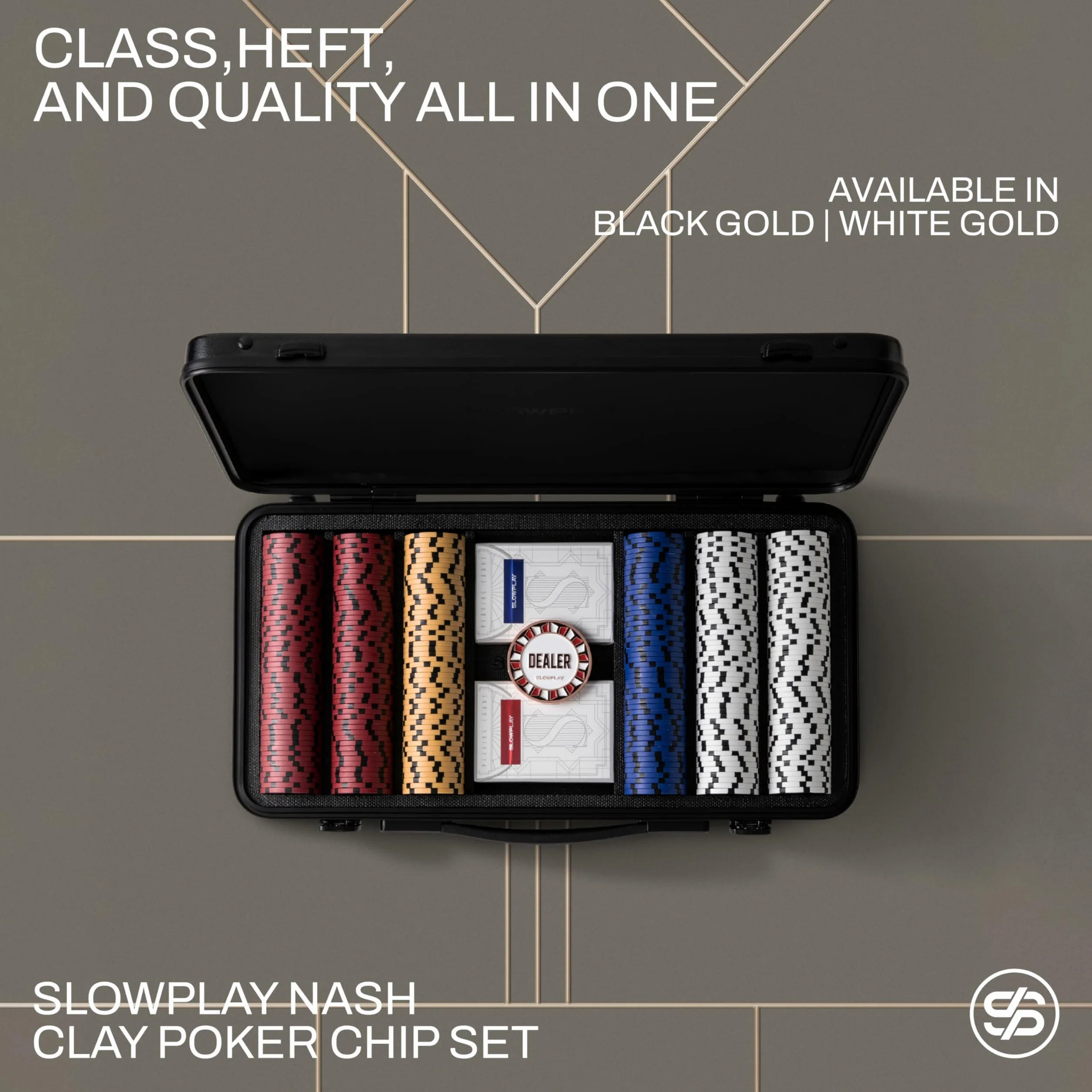 Zestaw żetonów do pokera SLOWPLAY Nash 14 g | Etui premium z wytrzymałą powłoką z poliwęglanu | Edycja Biało-Złota, Zestaw 500 szt. bez numeracji