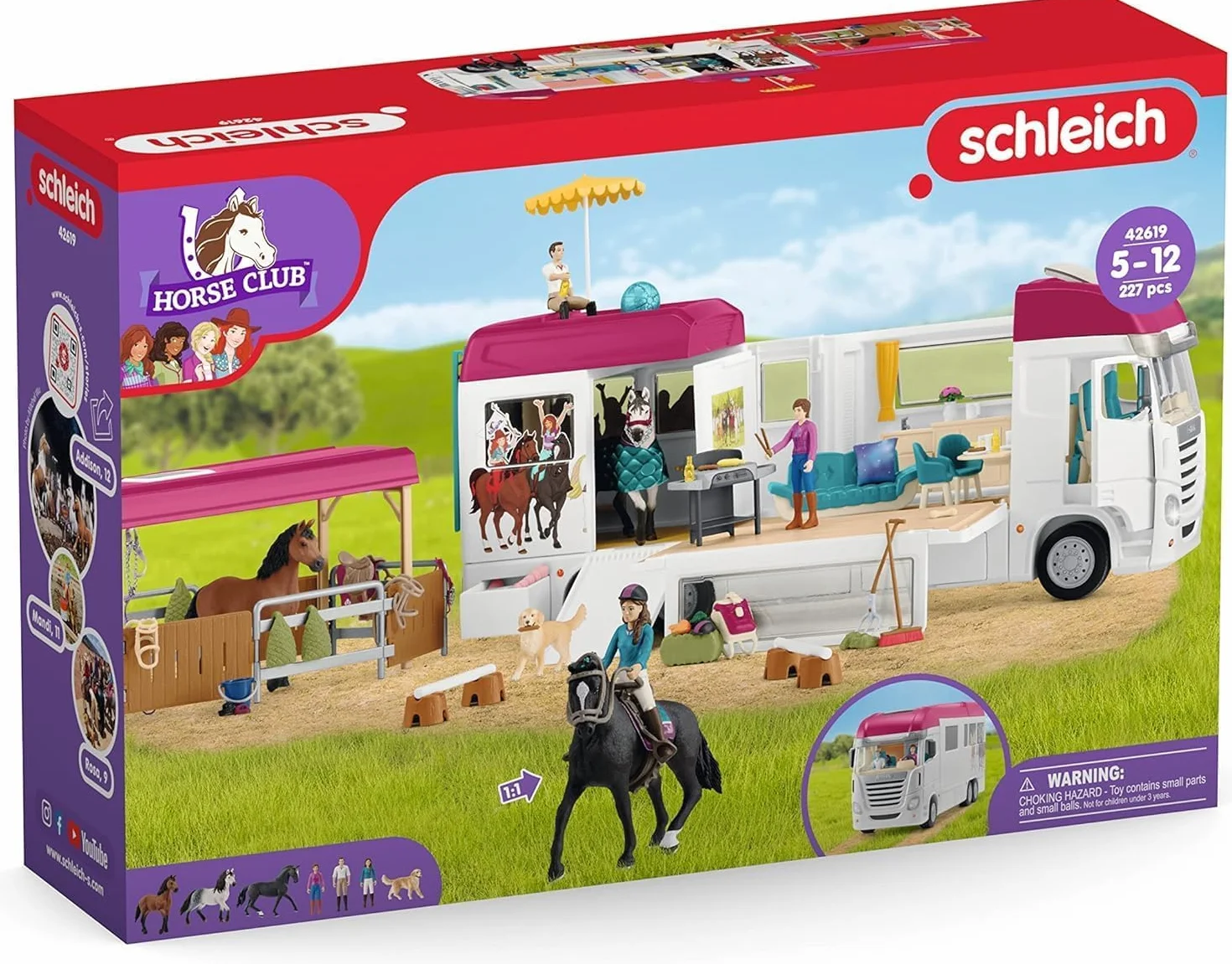 schleich HORSE CLUB | Transporter dla koni 42619 | z boksem, 3 końmi, Lisą, jej rodzicami i akcesoriami | idealny prezent dla dziewczynek i chłopców | zabawka z końmi od 5 lat | zestaw 227 elementów