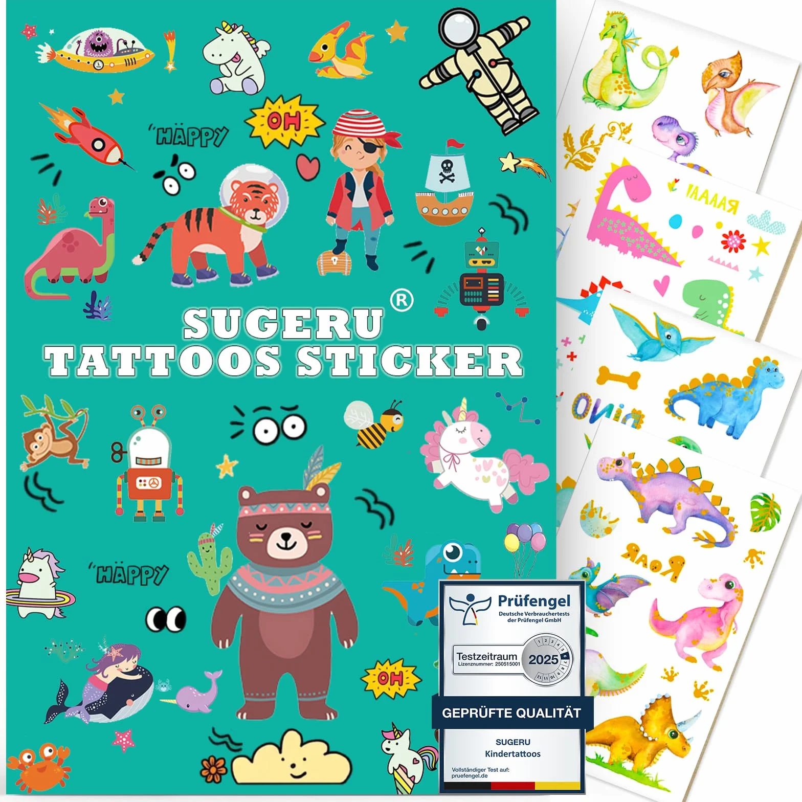 SUGERU® Tatuaże dla dzieci, 100 sztuk, przyjazne dla skóry, naklejki na dinozaury, dla dzieci, dla chłopców i dziewczynek, upominek na urodziny dziecka, ekstrakt z soi, naturalne, bezpieczne składniki (dinozaury)