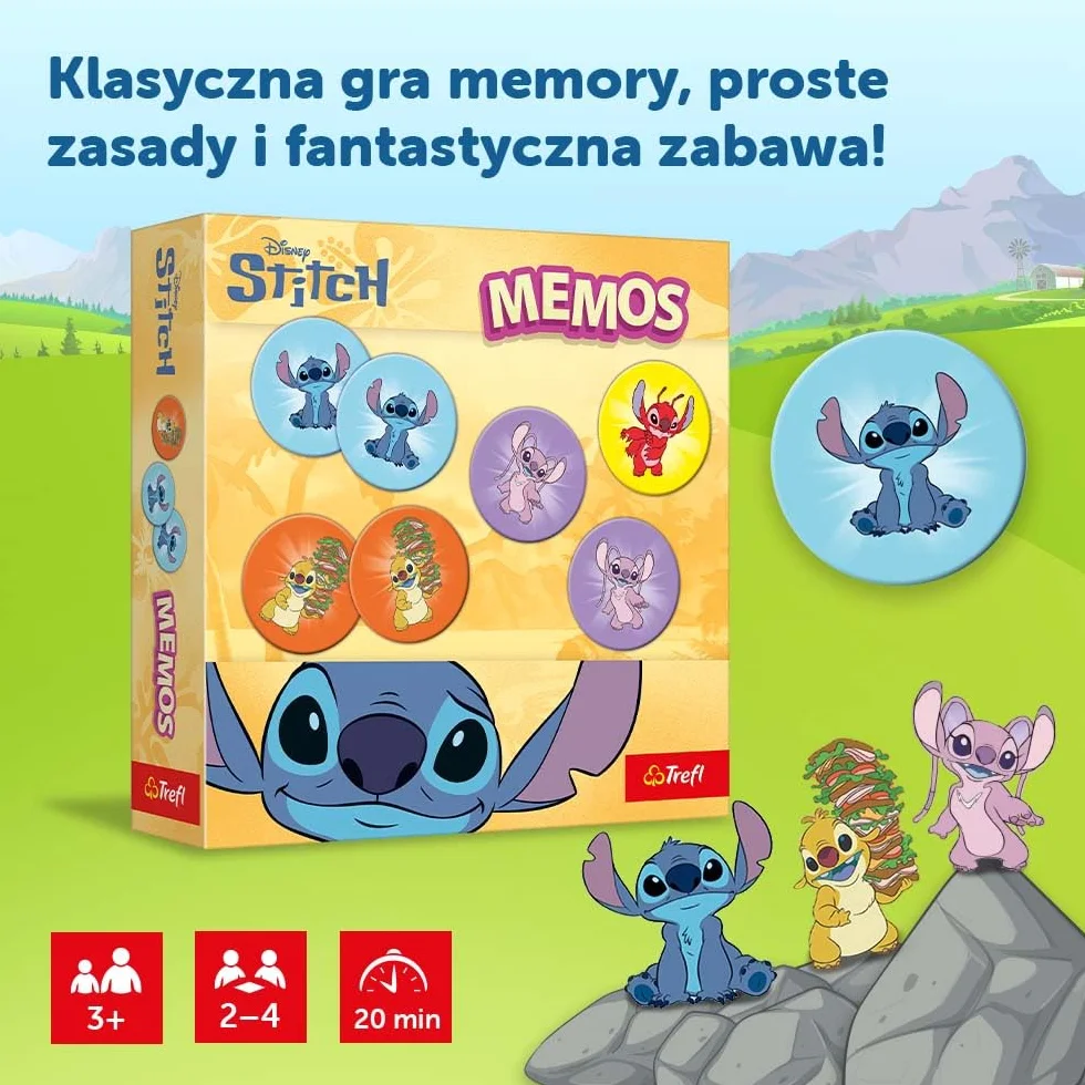 Trefl - Memos Lilo&Stitch - Gra Pamięciowa dla Maluchów, Odnajdywanie Par Obrazków, Memory z Bohaterami Bajki, dla Dzieci od 3 lat