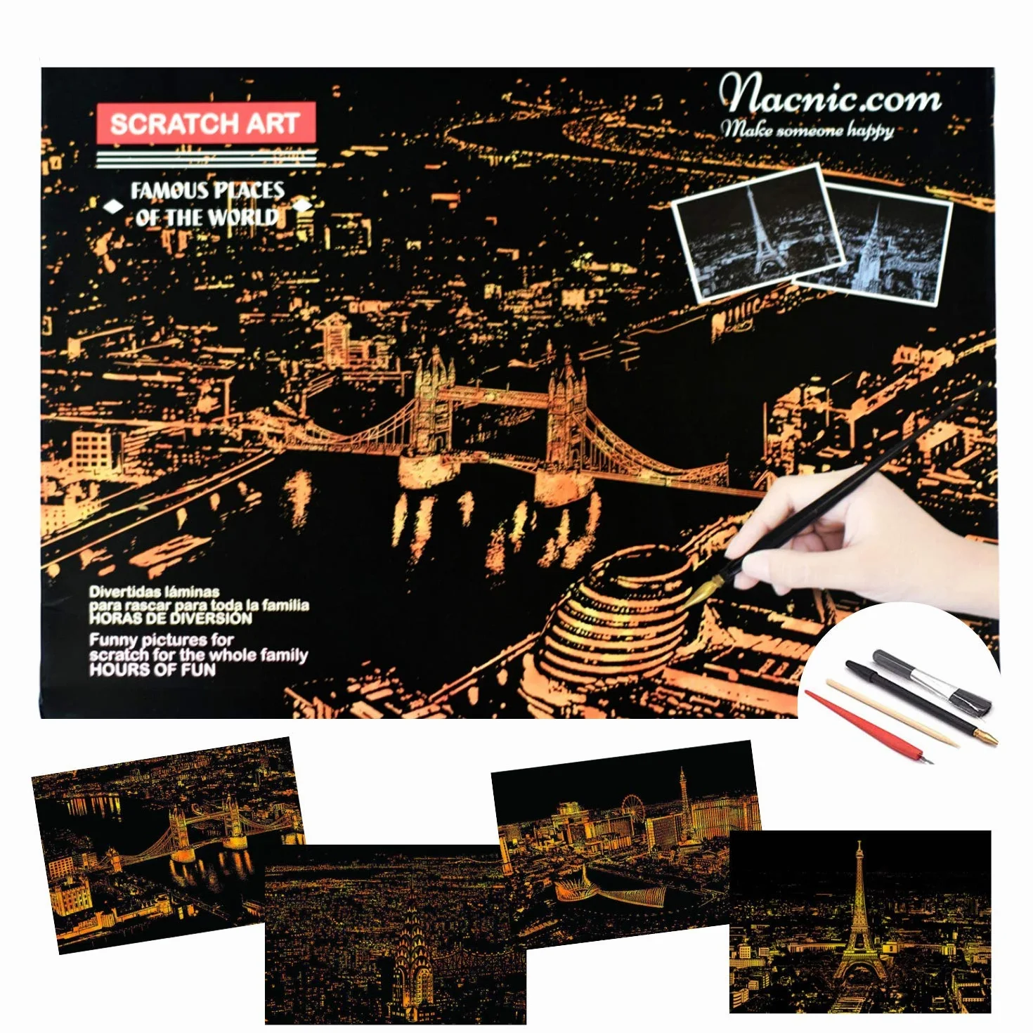 Nacnic Arkusze do zdrapywania. DIY sztuka i rzemiosło dla dorosłych i dzieci, papier do zdrapywania z kolorowymi tłami do rysowania. Paryż, Londyn, Las Vegas i Nowy Jork. 40,5 x 28,5 cm, zestaw 4